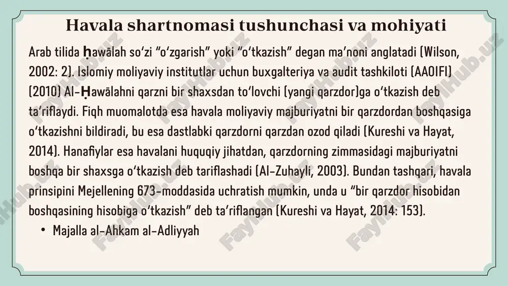qo‘llaniladi. shariatga ko‘ra u foizsiz va ishonchga asoslangan tizimdir. turli fiqh maktablari havala shartlari bo‘yicha farqli yondashuvlarga ega. tadqiqotlar shuni ko‘rsatadiki, ba’zi islomiy banklarda bu tushuncha yetarli darajada tushunilmagan va amaliyoti konvensional bank xizmatlaridan farq qilmaydi. shu sabab, bank xodimlari havala va boshqa shariatga mos moliyaviy vositalar bo‘yicha chuqur bilimga ega bo‘lishlari lozim. foydalanilingan manbalar: https://www.ijmar.org/v3n3/16-009.html kureshi va hayat majalla al-ahkam al-adliyyah https://en.wikipedia.org/wiki/hawala image1.jpeg image2.png image3.png image4.svg image5.png image6.png image7.jpeg image8.jpeg image9.png image10.png image11.jpeg image12.png image13.png image14.png image18.png image19.png image15.jpeg image16.png image17.png /docprops/thumbnail.jpeg