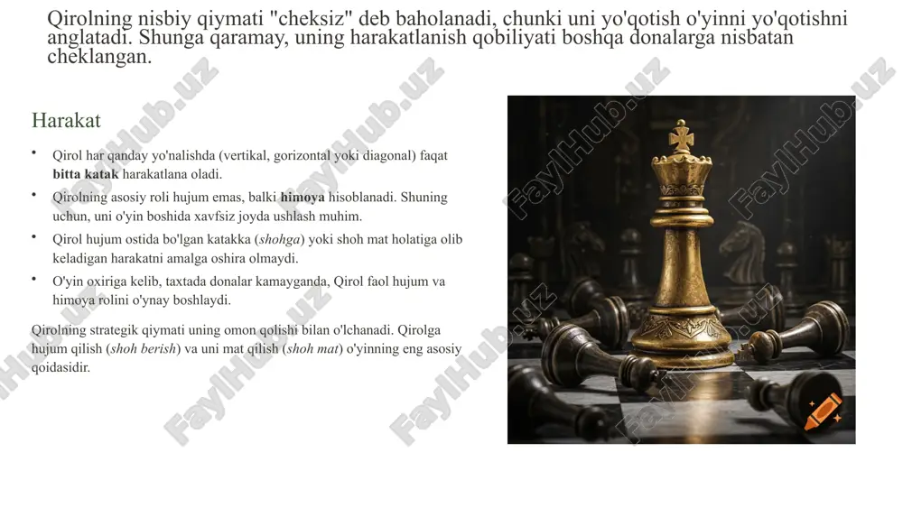 ishda oʻxshash ruscha qirrasi tasvirlari bilan adashtirilgan, bu asarning ruscha nomi shundan kelib chiqqan. yevropada bu donaning tasviri „qoya“ (jar, minora) bilan tasvirlanib, undosh nom bilan bogʻliq edi, natijada tura yevropa shaxmatiga mos keladigan shaklda qal’a minorasi sifatida tasvirlana boshladi. turaning yana bir nomi – „rook“. 5 fil: diagonal bo'ylab harakatlanish filga burchaklardan to'satdan hujum qilish imkonini beradi. diagonal boʻylab istalgan katakdagi kvadratlarga oʻtadi. chaturanga va shatranjda u bir kvadrat boʻylab diagonal boʻylab yurar edi, xuddi ot kabi, „sakrash“ boʻlagi (harakat paytida u oʻzining va boshqa odamlarning yoʻlida turgan qismlarini bosib oʻtdi). shaxmat taxtasining ranglanishining oʻziga xos xususiyatlaridan kelib chiqqan holda, fil faqat bir xil rangdagi maydonlar boʻylab harakatlanadi. ushbu qismda harakatlanadigan diagonallar kvadratlarining rangiga qarab, ushbu dona oq kataklarda yoki qora kataklarda harakat qiladigan fil deb ataladi. oʻyin boshida har bir oʻyinchi ikkita filga ega – oq kataklarda harakatlanadigan va qora kataklarda harakatlanadigan. fil oq donalarda c1 va f1 …