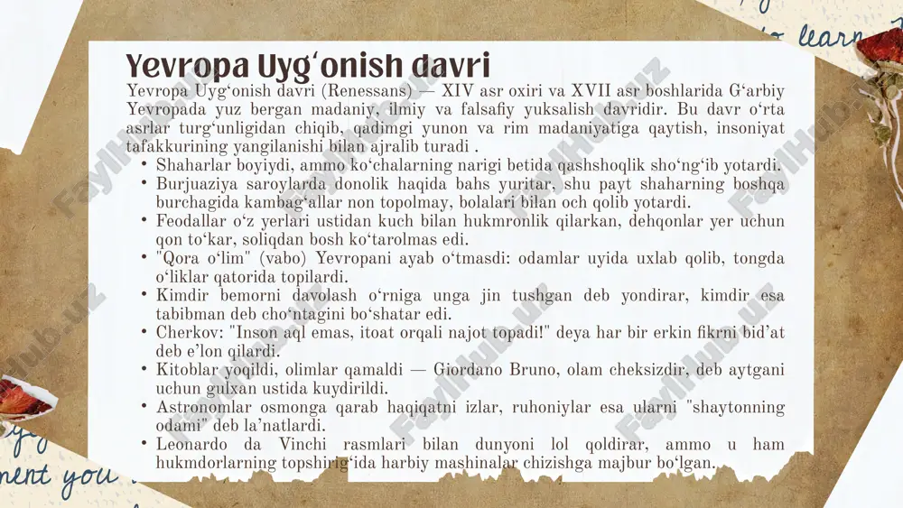 kmron edi. papa oliy hukmdor maqomida turar, cherkov soliqlar yig‘ar, sud va ta’lim tizimini boshqargan. lekin xiv–xvi asrlarda, ayniqsa renessans davrida, inson markazidagi tafakkur (gumanizm), ilm-fan taraqqiyoti va iqtisodiy o‘zgarishlar fonida cherkovga bo‘lgan ishonch susayib, uni tanqid qilish kuchaya boshladi. cherkovdagi buzuqlik - ko‘plab ruhoniylar boylik va hokimiyatni suiiste’mol qilgan, axloqiy inqiroz kuchaygan. indulgensiya savdosi - gunohlarni pul evaziga kechirish haqidagi sertifikat (indulgensiya)larning sotilishi jiddiy norozilik keltirib chiqardi. ilm-fanga qarama-qarshilik - cherkov ilmiy kashfiyotlarga, ayniqsa yer markaziy emas degan fikrlarga qarshi chiqqan. dunyoviy hayotga aralashish - cherkov siyosiy voqealarga aralashib, hokimiyat uchun kurashlarda faol ishtirok etgan. kitoblar va bilimga cheklov - diniy nazorat tufayli ko‘plab ilmiy va falsafiy asarlar taqiqlangan yoki yo‘q qilingan. erazm rotterdamskiy (niderlandiya) asari: "ahmoqlik madhiyasi" — ruhoniylarning ilmiy va axloqiy savodsizligini kinoya qilgan. yevropa uyg‘onish davri falsafasining mohiyati 2. cherkovga qarshi kurash. o‘rta asrlarda katolik cherkovi yevropada nafaqat diniy, balki siyosiy va iqtisodiy kuch sifatida ham …