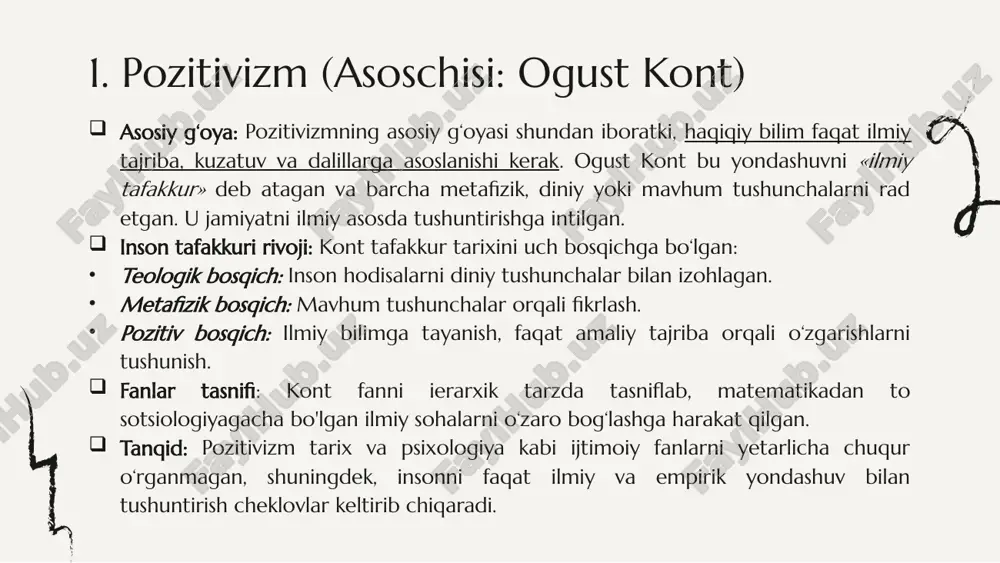 rkaziy g‘oya: foma akvinskiyning g‘oyalari zamonaviy talqinda qayta tiklangan. u ilmiy va diniy bilimlarni birlashtirishga harakat qilgan. namoyandalari: jacques maritain va etienne gilson neotomizmni rivojlantirishda muhim rol o'ynaganlar. ular xristian falsafasini zamonaviy talqinda qayta ko'rib chiqqanlar. 6. pragmatizm asosiy g‘oya: pragmatizmning asosiy g‘oyasi shundan iboratki, fikr va g‘oya faqat amaliy natija bilan o‘lchanadi. agar g‘oya amaliyotda foydali bo‘lsa, u haqiqat deb qabul qilinadi. shior: "haqiqat – amaliyotda foydali bo‘lishidir." namoyandalari: charles sanders peirce, william james va john dewey. ular pragmatizmni rivojlantirib, ijtimoiy islohot va ta'limda uning ahamiyatini ta'kidlaganlar. 7. neokantchilik asosiy g‘oya: i. kantning g‘oyalarini zamonaviy ilm bilan uyg‘unlashtirish. neokantchilik, ayniqsa, bilimning chegaralarini o‘rganishga qaratilgan. yo‘nalishlari: marburg maktabi: wilhelm cohen va paul natorp bilim nazariyasiga urg‘u berishgan. kyoln maktabi: heinrich rickert va wilhelm windelband qadriyatlar falsafasiga e'tibor qaratishgan. falsafaning vazifasi: bilimning imkoniyat va shartlarini aniqlash, qanday qilib biz bilamiz va bilishimiz mumkinligini tahlil qilish. 8. freydizm (psixoanaliz) (asoschisi: zigmund freyd) …