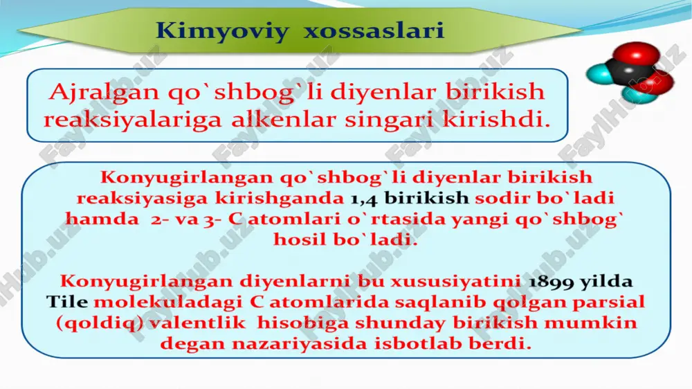 yenlar radikal reaksiyalarida ham faol ishtirok etadi. masalan, butadien polimerizatsiya orqali polibutadien hosil qiladi, bu esa tabiiy va sintetik kauchuk ishlab chiqarishda asosiy xomashyo hisoblanadi. polimerizatsiya jarayoni radikal yoki katalitik mexanizmlar orqali sodir bo‘ladi va natijada elastik, mustahkam materiallar olinadi. diyenlarning sanoat usullari, xususan, butadien va izoprenni olishda neft fraksiyalaridan foydalanish juda keng tarqalgan. termik cracking jarayonida uzun zanjirli uglevodorodlar yuqori haroratda parchalanib, diyenlar, alkinlar va alkanlar hosil qiladi. shu bilan birga, katalitik usullar ham qo‘llaniladi, bunda katalizator yordamida uglevodorodlar selektiv ravishda diyenlarga aylantiriladi. masalan, butan yoki butan oldindan katalitik dehidrogenatsiya orqali butadien hosil qilish mumkin. diyenlar tabiatda ham uchraydi. masalan, isopren tabiatda eng ko‘p uchraydigan diyen bo‘lib, ko‘plab o‘simlik va hayvon materiallarida mavjud. isopren asosida tabiiy kauchuk ishlab chiqariladi, bu esa avtomobil sanoati, qurilish va kundalik hayotda keng qo‘llaniladi. shu bilan birga, ba’zi o‘simlik yog‘larida va hayvon yog‘larida ham diyen birikmalar mavjud bo‘lib, ular tabiiy resurs sifatida ishlatiladi. diyenlar …