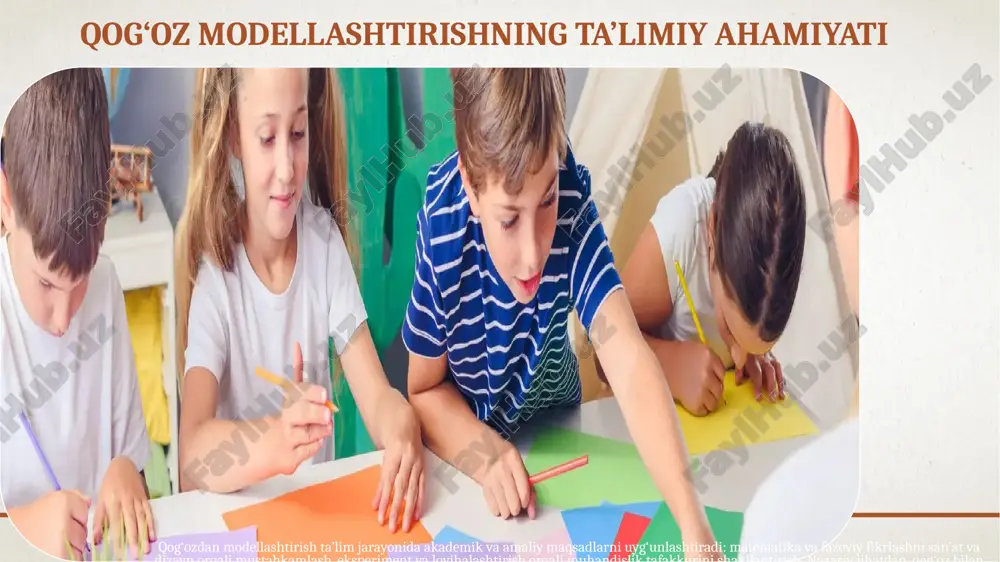 un g‘oya ishlab chiqish, tez prototip yaratish va qayta ishlash. bolalarga bu jarayonni o‘rgatish uchun soddalashtirilgan dizayn-modellash ssenariylari ishlab chiqiladi, bunda ular ijodiy qarorlarni asoslashni o‘rganadilar. 8 qog‘oz modellashtirish jarayonida ilmiy-tadqiqot elementlari 9 kichik ilmiy-tadqiqot loyihalari maktabgacha yoshdagi bolalar uchun ham moslashtirilishi mumkin. masalan: “qanday shakl ko‘proq yukni ko‘tara oladi?” mavzusida bolalar gipoteza tuzadi, turli shakllarni yasab sinovdan o‘tkazadi va natijani tahlil qiladi. bunday faoliyat tadqiqot metodikasining soddalashtirilgan ko‘rinishini beradi va bolalarda kuzatuv, eksperiment, ma’lumotlarni solishtirish ko‘nikmalarini shakllantiradi. ijodkorlik va innovatsion fikrlashni rag‘batlantirish qog‘ozdan modellashtirish san’at elementini o‘z ichiga olganligi sababli bolalar o‘z g‘oyalarini estetik jihatdan ifodalash imkoniyatiga ega bo‘ladi. pedagoglar innovatsion fikrlashni rag‘batlantirish uchun “ochiq vazifa” usulini qo‘llashlari mumkin — masalan, “foydali obyektni qog‘ozdan tayyorlang” kabi topshiriqlar kreativ muammoli vaziyat yaratadi. baholashda yangilik darajasi, ijodiy echim va funksionallik ko‘rsatkichlari inobatga olinadi. 10 bolalar psixologiyasi nuqtai nazaridan modellashtirish maktabgacha yoshdagi bolalar emotsional jihatdan o‘zaro munosabat va natijaga juda sezgir bo‘ladilar. …