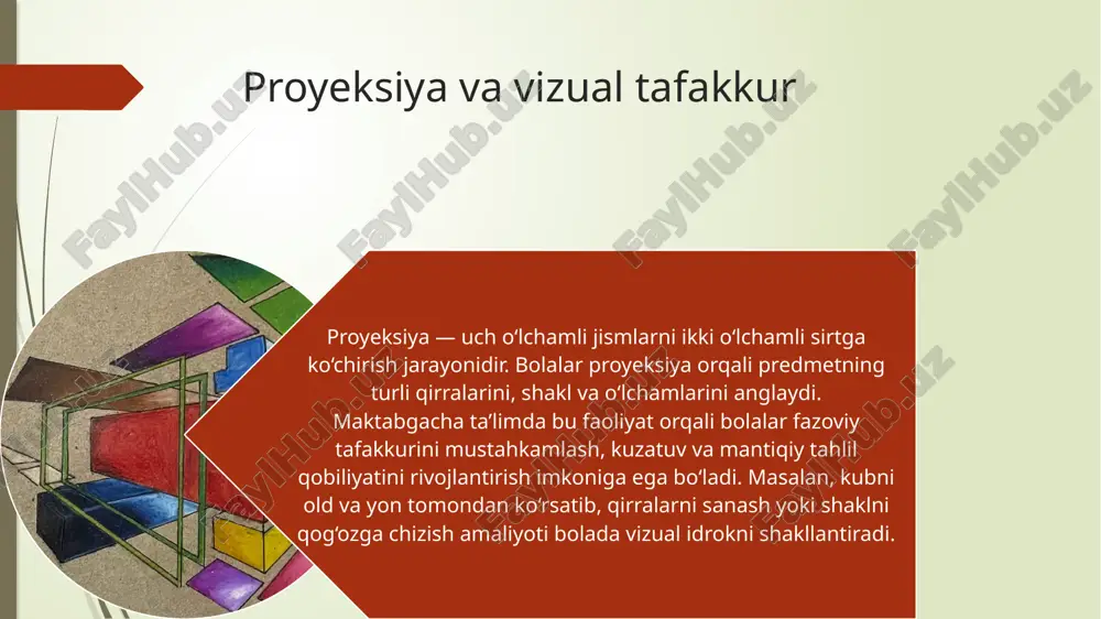iyati rivojlantiriladi. o‘yin va tajriba orqali o‘rganish o‘yinlar mashg‘ulotni qiziqarli va motivatsion qiladi. masalan, “kim balandroq minorani loyihalaydi?” yoki “shaklni joyiga qo‘y” kabi raqobatli mashg‘ulotlar bolalarni faol harakatga va proyeksiyalarni tushunishga undaydi. o‘qituvchining roli o‘qituvchi bolalarni turli burchak va proyeksiyalarni tushunishga yo‘naltiradi, savollar orqali fikrni rivojlantiradi, bolalarni mustaqil loyiha yaratishga undaydi. shu bilan ular xulosalar chiqaradi va tafakkur qobiliyatini mustahkamlaydi. amaliy mashqlarni bosqichma-bosqich tashkil etish 1️⃣ kuzatish: ob’ektlarni turli burchakdan ko‘rish 2️⃣ chizish va loyihalash: 3dni 2dga o‘tkazish, qismlarni birlashtirish 3️⃣ barqarorlik va dizayn tekshiruvi: konstruksiyani mustahkamlash bu bosqichlar bolada tizimli va mantiqiy tafakkur rivojlanishiga yordam beradi. xulosa turli burchak va proyeksiyalarda loyihalash bolalarda fazoviy tafakkur, vizual idrok, ijodiy fikrlash, matematik va muhandislik ko‘nikmalarini rivojlantiradi. maktabgacha ta’limda mashg‘ulotlar steam tamoyillari asosida tashkil etilishi, ob’ektlarni turli burchakdan ko‘rsatish va bolalarni mustaqil faoliyatga rag‘batlantirish tavsiya etiladi. bu ularning kelajakdagi murakkab matematik va texnik tushunchalarni o‘zlashtirishiga poydevor yaratadi. e’tiboringiz uchun raxmat! image2.png image3.jpeg …