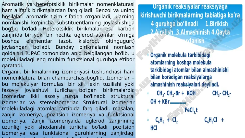nomenklatura va izomeriyani to‘g‘ri tushunish ularning fizik xossalarini bashorat qilish imkonini beradi. xulosa qilib aytganda, organik birikmalarning nomenklaturasi va izomeriyasi kimyoviy fan uchun fundamental tushunchalardir. nomenklatura organik birikmalarning yagona nomini berish orqali ilmiy muloqotni osonlashtiradi, izomeriya esa molekulalarning tuzilishi va fazoviy joylashuvini tushunishga yordam beradi. ularning bilimlari kimyo sanoati, farmatsevtika, polimerlar ishlab chiqarish va boshqa sohalarda amaliy qo‘llaniladi, shuningdek, ilmiy tadqiqotlarda yangi birikmalarni yaratishda asos bo‘lib xizmat qiladi. alifatik uglevodorodlar nomenklaturasini yanada chuqurroq o‘rganish zarur. alkanlar – bu faqatgina yagona bog‘lanishga ega bo‘lgan uglevodorodlar bo‘lib, ularning umumiy formulasi cnh2n+2c_nh_{2n+2}cn​h2n+2​ bilan ifodalanadi. masalan, metan (ch4ch_4ch4​), etan (c2h6c_2h_6c2​h6​), propan (c3h8c_3h_8c3​h8​) va butan (c4h10c_4h_{10}c4​h10​) eng sodda alkanlardir. alkanlarning izomerlari ko‘pincha zanjir uzunligi va shoxlanishiga bog‘liq bo‘ladi. masalan, butan c4h10c_4h_{10}c4​h10​ molekulasi ikki izomerga ega: normal butan (n-butan) va izobutan (shoxlangan). alkenlar va alkinlar esa uglerodlar orasidagi ikki va uch marta bog‘lanishlarni o‘z ichiga oladi va ularning nomlanishida bog‘lanishning pozitsiyasi muhim ahamiyatga ega. masalan, pent-2-en …