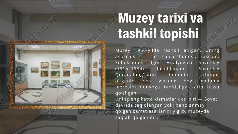 armida markaziy osiyoning asosiy badiiy yo‘nalishlarini shakllantirgan taniqli rassomlarning durdona asarlari ham bor. muzeyga oid qiziqarli faktlar aqsh rejissyorlari muzey haqida “the desert of forbidden art” nomli hujjatli film yaratgan 2014-yilda britaniya muzeylari muzeyni “dunyodagi eng yaxshi 10 muzey” ro‘yxatiga kiritgan yevropalik rassomlarning ko‘plab asarlarini ularning oilalari ham ko‘rmagan, ular faqat nukusdagi muzeydan topilgan muzey o‘zbekiston turizmining “eng ko‘p tashrif buyuriladigan” obyektlaridan biri bugungi kunda muzey ilmiy izlanishlar olib boriladi qoraqalpoq madaniy merosini raqamlashtirish ishlari ketmoqda o‘zbekiston hukumati va xalqaro tashkilotlar muzeyni qo‘llab-quvvatlamoqda ko‘chma ko‘rgazmalar aqsh, fransiya, germaniya, rossiyada o‘tkazilgan savitskiyning hayoti haqida qisqa ma’lumot 1915-yilda kievda tug‘ilgan ikkinchi jahon urushida qatnashgan rassomchilik institutini tamomlagan 1950-yillarda qoraqalpog‘istonga kelgan qoraqalpoq xalqini, madaniyatini chuqur sevgan hayotining 30 yildan ortig‘ini nukusda o‘tkazgan 1984-yilda vafot etgan savitskiy o‘z ishini “san’at uchun kurash” deb atagan. yevropa mamlakatlari, aqsh, avstraliya yetakchi ommaviy axborot vositalarining e’tibori, shuningdek, xalqaro ko‘rgazmalar tufayli nukus san’at muzeyi fenomeni bugungi kunda butun …