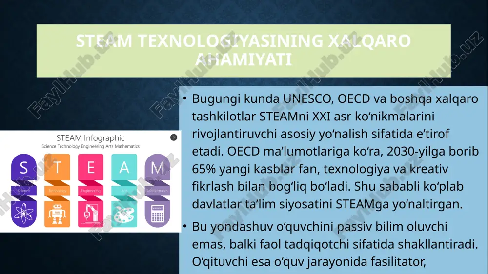 mbarchas bog‘langan. mamlakatda “creative learning” dasturi asosida maktablar san’at va texnologiyani birlashtirgan loyihalar ustida ishlaydi. masalan, o‘quvchilar fan asosida raqamli san’at asarlari yaratish, ekologik energiya maketlarini tayyorlash orqali ilmiy fikrni estetik ifoda bilan uyg‘unlashtiradilar. germaniya va amaliy ta’lim modeli germaniyada steam yondashuvi “dual system” orqali amalga oshiriladi. o‘quvchi haftaning bir qismini nazariy ta’limda, qolgan qismini ishlab chiqarish korxonasida amaliyotda o‘tkazadi. natijada o‘quvchi nafaqat nazariy bilimga, balki real muhandislik ko‘nikmalariga ham ega bo‘ladi. bu model o‘zbekiston uchun ham juda muhim o‘rnak bo‘la oladi. kanada tajribasi kanadada steam ta’limi ijtimoiy-emotsional o‘qitish bilan uyg‘unlashtirilgan. u o‘quvchilarda nafaqat intellektual, balki ijtimoiy mas’uliyat va ekologik ongni shakllantirishga xizmat qiladi. o‘quvchilar jamiyat muammolari bilan bog‘liq loyihalar ishlab chiqib, ularni ilmiy asosda hal etishga o‘rganadilar. xitoy va innovatsion ta’lim xitoyda steam “made in china 2025” strategiyasi doirasida ishlab chiqilgan. maktablarda sun’iy intellekt, robototexnika, dronlar, dasturlash asoslari o‘rgatiladi. bunda maqsad – yosh avlodni innovatsion iqtisodiyotga tayyorlash, ularning tahliliy …