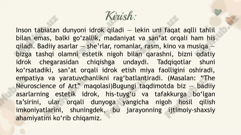 unyoni estetik idrok etish — bu oddiy ko‘z bilan ko‘rishdan qat’iy nazar, uni his qilish, tafakkur bilan anglash va madaniy-axloqiy jihatdan idrok etish jarayonidir. badiiy asarlar esa bu jarayonning asosi bo‘lib, ular nafaqat go‘zallikni aks ettiradi, balki insonning ichki dunyosi, jamiyat, madaniyat va tarix bilan munosabatini shakllantiradi. shu bois, dunyoni estetik idrok etishda badiiy asarlarning ahamiyati — beqiyos: ular bizni passiv tomoshabindan faol idrok etuvchiga aylantiradi. bugungi tezkor, vizual va axborot olamida esa san’atga qaratilgan idrok — nafaqat estetik tajriba, balki hayotiy zarurat hamdir. demak, biz badiiy asarlarni faqat san’at shakli sifatida emas, balki idrok, tafakkur va amaliy hayot uchun zarur vosita sifatida ko‘rishimiz lozim. e’tiboringiz uchun rahmat! image1.png image11.png image4.png image3.png image8.png image5.png image9.png image10.png image6.png image2.png image12.png image13.png image14.png image7.png