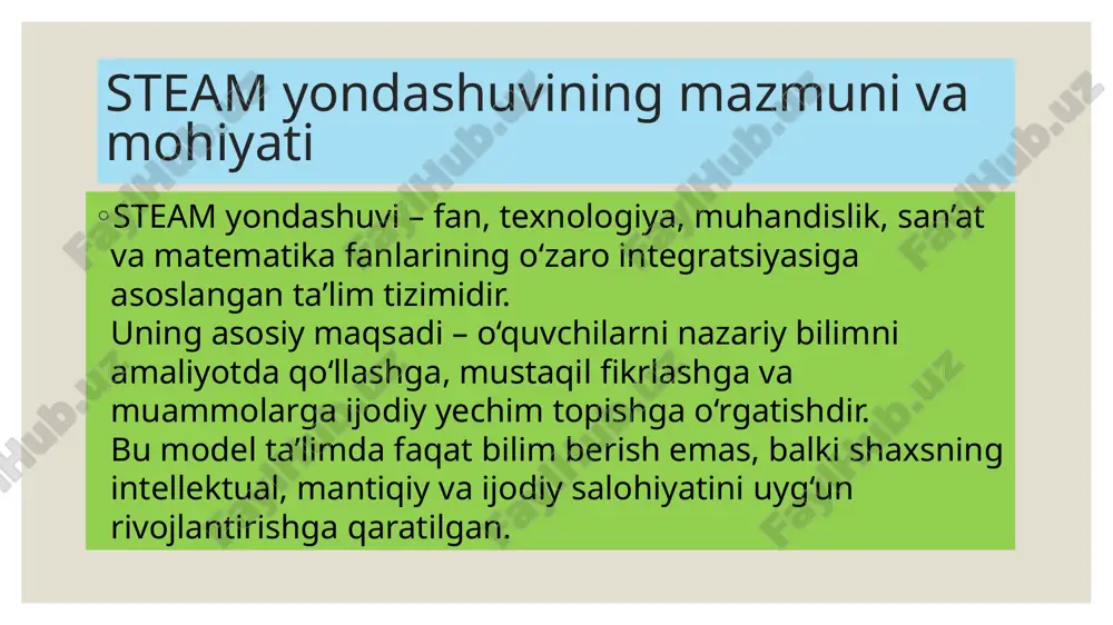 raqamli texnologiyalar — interaktiv doskalar, 3d printerlar, dasturlash muhitlari, mikrokontrollerlar kabi vositalar muhim rol o‘ynaydi. ular bolalarga o‘z g‘oyalarini modellashtirish, sinovdan o‘tkazish va natijani vizual tarzda ko‘rish imkonini beradi. steam yondashuvining ijodiy komponenti steamda san’at yo‘nalishining qo‘shilishi o‘quv jarayonini faqat texnik emas, balki estetik va emotsional jihatdan boyitadi. bu bolalarda go‘zallikni his etish, tasavvur qilish va o‘z g‘oyasini badiiy tarzda ifodalash qobiliyatini rivojlantiradi. ijodkorlik — har qanday innovatsiyaning asosi hisoblanadi. steam yondashuvining afzalliklari zamonaviy steam ta’limi quyidagi afzalliklarga ega: o‘quvchini faol, mustaqil fikrlovchi shaxsga aylantiradi; muammolarni hal etish va tahliliy fikrlash ko‘nikmasini rivojlantiradi; fanlararo aloqadorlikni mustahkamlaydi; ijodiy g‘oyalarni qo‘llab-quvvatlaydi. bu afzalliklar uni har bir ta’lim bosqichi uchun dolzarb qiladi. steam va mehnat bozorining bog‘liqligi raqamli iqtisodiyot davrida yangi kasblar va innovatsion yo‘nalishlar paydo bo‘lmoqda. steam yondashuvi aynan shu yo‘nalishlarga mos kadrlarni tayyorlashni ta’minlaydi. o‘quvchilar dasturlash, dizayn, muhandislik, kommunikatsiya kabi ko‘nikmalarga ega bo‘lib, mehnat bozorida raqobatbardosh bo‘ladilar. steamni joriy etishdagi muammolar …