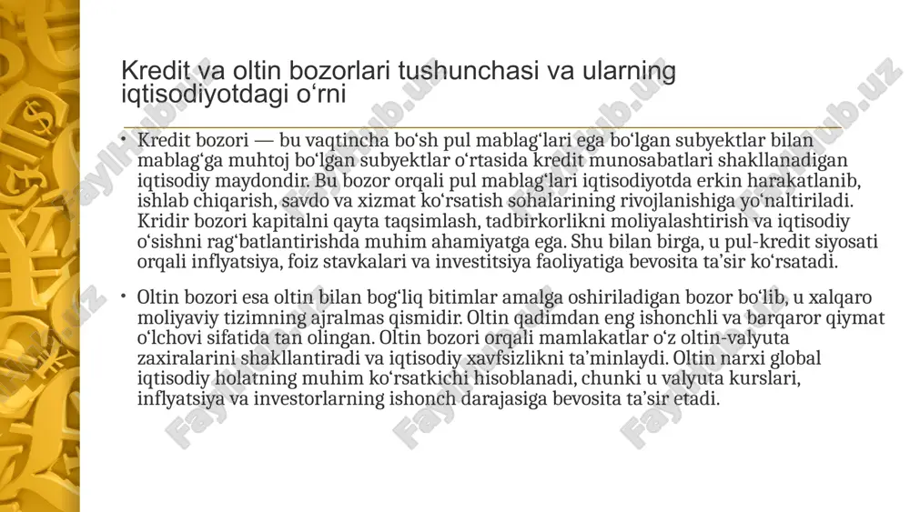 r oltin narxiga bevosita ta’sir qiladi: agar markaziy banklar foiz stavkalarini oshirsa, investorlar ko‘proq daromad olish uchun oltinni sotib, obligatsiyalarga yo‘naltiradi va natijada oltin narxi pasayadi; aksincha, foiz stavkalari pasayganda oltin narxi ko‘tariladi. shuningdek, kridir bozoridagi beqarorlik yoki moliyaviy inqirozlar davrida oltin bozori xavfsiz sarmoya maydoniga aylanadi. kredit bozorining mohiyati, ishtirokchilari va turlari kredit bozori — bu iqtisodiyotda vaqtincha bo‘sh pul mablag‘larini samarali taqsimlashni ta’minlaydigan moliyaviy tizimning muhim tarkibiy qismidir. uning mohiyati shundan iboratki, mablag‘ga ehtiyoji bor subyektlar (korxonalar, tadbirkorlar, jismoniy shaxslar va davlat) bilan ortiqcha pul mablag‘lariga ega bo‘lgan subyektlar (banklar, investorlar, aholi) o‘rtasida kredit munosabatlari shakllanadi. bu jarayon orqali kapital bir sohadagi ortiqcha jamg‘armalardan boshqa sohalardagi ishlab chiqarish va investitsiya faoliyatiga yo‘naltiriladi. shu tariqa kridir bozori iqtisodiy o‘sishning asosiy omillaridan biri hisoblanadi. kredir bozorining asosiy vazifasi — iqtisodiyotdagi mablag‘larning aylanishini ta’minlash, ishlab chiqarish jarayonini qo‘llab-quvvatlash, yangi investitsiya loyihalarini moliyalashtirish va aholining iste’mol talabini oshirishdir. kredit resurslari orqali korxonalar …