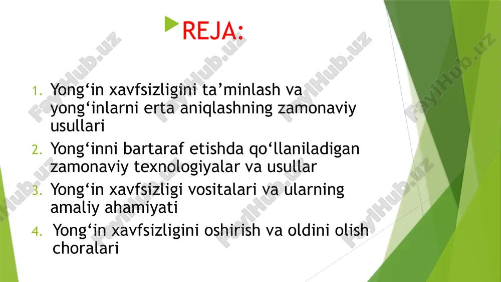 dan foydalanish. evakuatsiya yo‘llari va chiqish eshiklarini tayyor holatda saqlash. avtomatik yong‘in signalizatsiya va sprinkler tizimlarini o‘rnatish. ta’lim va targ‘ibot xodimlar va aholiga yong‘in xavfsizligi bo‘yicha mashg‘ulotlar o‘tkazish. favqulodda vaziyatlarda harakat qilish tartibini o‘rgatish. yong‘in xavfi haqida ogohlantiruvchi belgi va posterlarni joylashtirish. monitoring va nazorat iot va sun’iy intellekt yordamida yong‘in xavfini kuzatish. dron va sensorlar bilan katta maydonlarni nazorat qilish. yong‘in yuzaga kelganda tezkor choralar ko‘rish uchun mas’ul shaxslarni tayyorlash. image1.png image2.png image3.png image4.jpeg image5.jpeg /docprops/thumbnail.jpeg