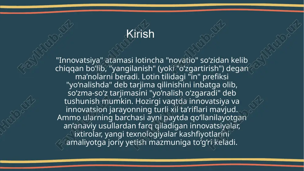 va ularni qo‘llash jarayoni ustidan kuzatuvni amalga oshirish; 3) jozibadorlik va xatar ehtimolligi; 4) raqobatbardoshlikning kuchli va kuchsiz tomonlari; 5) tortfel tahlili yoki baho; 6) rivojlanish strategiyasini tanlash; 7) marketing tarkibiy qismlari: mahsulot, baho, joy, realizatsiya; 8) ehtiyojlar tahlili, bozor segmentatsiyasi; 9) budjet marketing rejasi nazorati. strategik marketing • mahsulotni ishlab chiqishdan iste’molchilarga xizmat ko‘rsatishgacha yagona innovatsion siyosatni amalga oshirish; • korxona ichida va tashqarisida innovatsion faoliyatni muvofiqlashtirish; • malakali xodimlar yordamida marketing innovatsiyalarini ishlab chiqish amaliyotini muntazam takomillashtirishni ta’minlash; • innovatsion marketing muammolarini kompleks yechish uchun maqsadli guruhlarni shakllantirish kabi vazifalarni amalga oshirish uchun yuritiladi. 8 korxona innovatsion faoliyatining asosiy vazifalaridan biri – yuqori menejment bilan asosiy innovatsion marketing strategiyasini shakllantirish, uni bozor segmenti bo‘yicha joylashish chegarasini aniqlash, amalga oshiruvchi ijrochilarni tayinlash, bozor munosabatlarining har bir ishtirokchisi uchun ma’lum amaliy direktivni amalga oshirish muddatini belgilashdan iborat. shu sababli, strategik marketing tadqiqotlari tarkibiga korxona innovatsion siyosatining bo‘lagi bo‘lgan, innovatsion marketing …