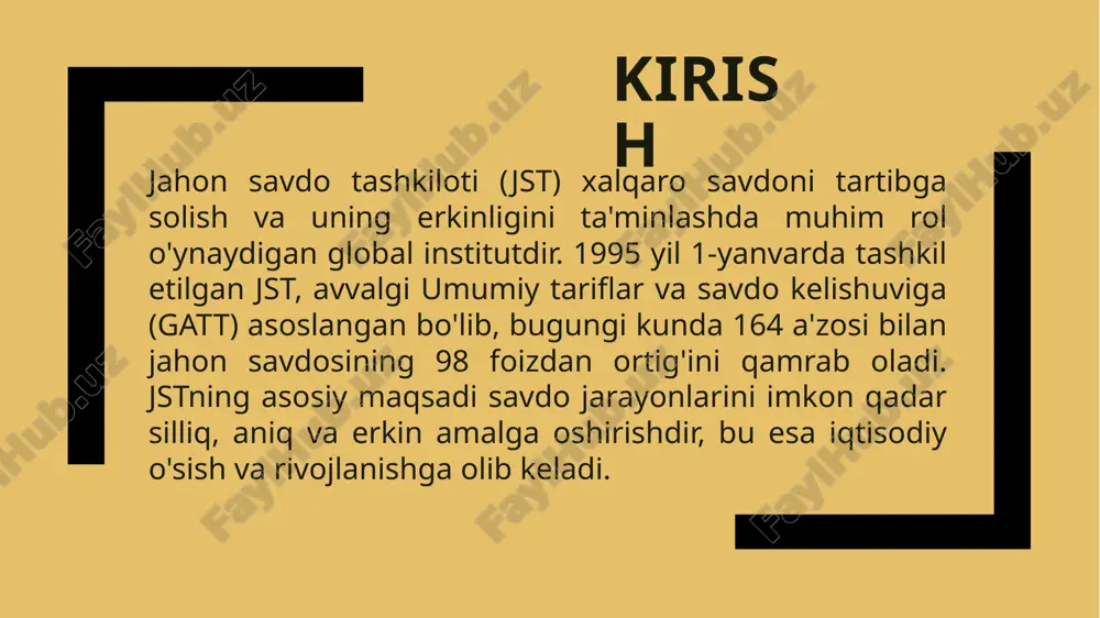 vdo siyosatini kuzatishdan iboratdir. wto ning asosiy vazifalari orasida savdo liberallashtirish, ya’ni tariflar va boshqa savdo to‘siqlarini kamaytirish orqali erkin savdoni rag‘batlantirish mavjud. bu jarayon, ayniqsa, rivojlanayotgan mamlakatlar uchun juda muhimdir, chunki ularning global bozorlar bilan integratsiyasini osonlashtiradi. tashkilot, shuningdek, a’zo davlatlar o‘rtasida savdo nizolarini hal qilish uchun tuzilgan tartibli mexanizmni taqdim etadi. ushbu mexanizm orqali, davlatlar o‘zaro kelishmovchiliklar yuzasidan murojaat qilishlari va muammolarni hal qilishlari mumkin. savdo siyosatining shaffofligi ham wto ning muhim vazifalaridan biridir. tashkilot, a’zo davlatlar o‘rtasida savdo siyosatlarining ochiqligini ta’minlashga intiladi, bu esa savdo hamkorlari o‘rtasida ishonchni oshiradi. wto, shuningdek, rivojlanayotgan davlatlarga texnik yordam va imkoniyatlar taqdim etish orqali global savdo tizimiga integratsiyalashishlariga yordam beradi. bu, o‘z navbatida, iqtisodiy o‘sish va taraqqiyot uchun muhim shart-sharoitdir. wto ning o‘rni va uning maqsadlari global savdo muhitida katta ahamiyatga ega. u jahon iqtisodiyoti uchun zarur bo‘lgan erkin savdo muhitini yaratadi va taraqqiyotga hissa qo‘shadi. biroq, tashkilot o‘z faoliyatida ba’zi …