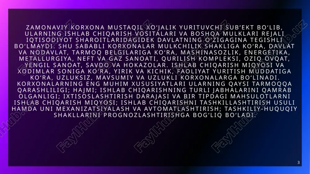 qatlar turlari) xizmat qilinayotgan kontengentini xususiyatlari, talabi, ularni kasbiy, milliy, yosh bo‘yicha tarkibiga, harid qilish qobiliyatiga, mehnat qilish va hayot tarziga bog‘liqligi; - ularning mahsulotlari va xizmatiga talabni har soatda, kunda, mavsumlarda o‘zgarib turishi; 5 o‘zbekiston respublikasi fuqarolik kodeksining 43-moddasida qayd etilganidek: “yuridik shaxs qonun hujjatlarida belgilangan tartibda davlat ro‘yxatidan o‘tkazilishi lozim. davlat ro‘yxatidan o‘tkazish haqidagi maʼlumotlar barchaning tanishib chiqishi uchun ochiq bo‘lgan yuridik shaxslarning yagona davlat reestriga kiritiladi. 6 7 inqirozga qarshi strategiya turli yo‘nalishlarni o‘z ichiga olishi mumkin: xarajatlarni kamaytirish, ayrim bo‘limlarni tugatish, ishlab chiqarish hajmini kamaytirish, qo‘shimcha resurslarni jalb qilish va boshqalar. ammo har qanday holatda ham, bu tanlangan inqirozga qarshi strategiya to‘g‘ri amalga oshirilgan taqdirdagina ijobiy natijaga olib keladigan chora-tadbirlar to‘plami bo‘lib hisoblanadi. 7 8 o‘zbekiston respublikasining “bankrotlik to‘g‘risida”gi qonuniga ko‘ra: “qarzdorning pul majburiyatlari bo‘yicha kreditorlar talablarini qondirishga va (yoki) majburiy to‘lovlar bo‘yicha o‘z majburiyatini bajarishga qodir emasligi, agar tegishli majburiyatlar va (yoki) to‘lovlar majburiyati yuzaga …
