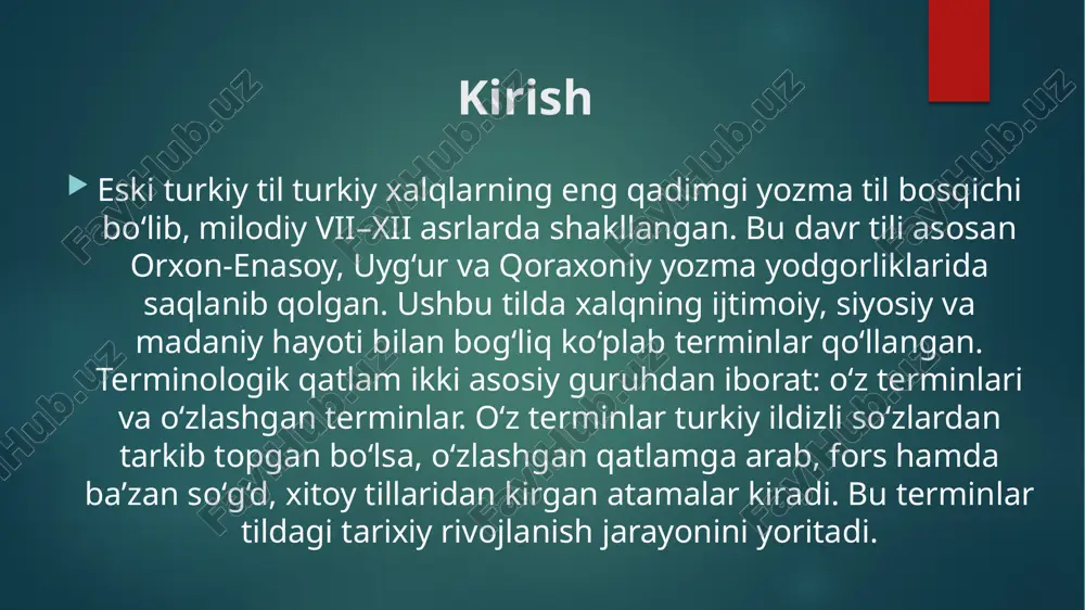 i. eski turkiy til iqtisodiy terminologiyasi ijtimoiy tuzumdagi kasb, mehnat, almashinuv jarayonlarini aniq ifodalashda muhim rol o‘ynagan. ilmiy terminologiya uyg‘ur va qoraxoniylar davrida ilm-fan rivoji bilan bog‘liq terminlar shakllandi. “bilg”, “bilim”, “ögüt” kabi o‘z so‘zlar bilan bir qatorda arab tilidan “ilm”, “hikmat”, “fan”, “adab” singari terminlar kirib keldi. bu terminlar diniy-falsafiy asarlarda keng qo‘llanilgan. ayniqsa, yusuf xos hojib, mahmud koshg‘ariy kabi allomalar asarlarida ilmiy terminologiya tizimi mustahkamlanib, keyingi davrlarga asos bo‘lib xizmat qilgan. madaniy va maishiy terminlar madaniy hayotga oid terminlar turkiy xalqning yashash tarzi, urf-odatlari va turmush madaniyatini ifodalaydi. “uy”, “o‘t”, “to‘n”, “qorqut”, “toy”, “ov” kabi so‘zlar o‘z terminlardir. fors va arab tillaridan “xona”, “sarf”, “taom”, “mashrab” kabi o‘zlashgan so‘zlar kirgan. bu atamalar turkiy xalqlarning madaniy hayotida o‘z o‘rnini topgan. ular o‘z va o‘zlashgan qatlamning uyg‘unlashuvini ko‘rsatadi. tilshunoslik terminlari eski turkiy yozma yodgorliklarda til va yozuv bilan bog‘liq ayrim terminlar ham uchraydi. “til”, “söz”, “bitig”, “tamga”, “run”, “yazıq” kabi …