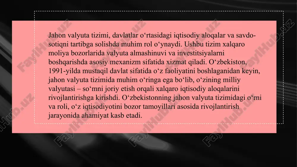 gan edi. mustaqillikdan so'ng, o'zining milliy valyutasini joriy etish zarurati tug'ildi, bu esa iqtisodiy erkinlik va bozor munosabatlariga o'tish jarayonida asosiy qadam bo'ldi. 1994-yilda "o'zbekiston so'mi" deb nomlangan yangi valyuta joriy etildi, bu o'zbekistonning xalqaro moliya tizimiga kirishining muhim belgisi sifatida qabul qilindi. dastlabki yillarda o'zbekiston valyuta siyosati ko'plab qiyinchiliklar va to'siqlarga duch keldi. o'zbekistonning yangi mustaqil valyutasi dastlabki bosqichlarda barqarorligini saqlab qolishda qiyinchilikka yuz tutdi. inflatsiya darajasi yuqori bo'lganligi sababli, so'mning qiymati tezda pasayib, xalqaro bozorlar uchun qiyinchiliklar tug'dirdi. biroq, 2000-yillarning o'rtalaridan boshlab, o'zbekiston hukumati iqtisodiy islohotlar va valyuta siyosatini yanada mustahkamlash uchun bir qator choralar ko'rdi. bu islohotlar doirasida o'zbekiston markaziy banki tomonidan valyuta bozorini liberallashtirish, valyuta ayirboshlash tizimini yaxshilash, va xalqaro moliyaviy yordamga murojaat qilish kabi chora-tadbirlar amalga oshirildi. shu bilan birga, o'zbekiston xalqaro moliya tashkilotlari bilan hamkorlikni kuchaytirishga qaratilgan siyosat olib bordi. 2017-yildan boshlab, o'zbekiston valyuta siyosatida yanada keng qamrovli islohotlar amalga oshirila boshlandi. bu davrda …