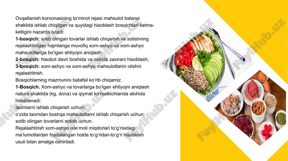lashda, rejalashtirilgan marjaning miqdori sotib olingan tovarlarning tannarxi bo‘yicha aylanma mablag‘lar rejasidan olinadi. isteʼmolchilarning doimiy kontingentiga xizmat ko‘rsatadigan ovqatlanish korxonalari (litseylar, maktablar, kollejlar, korxonalar) uchun tabiiy birliklarda xom-ashyo va tovarlarga bo‘lgan ehtiyojni fiziologik ovqatlanish standartlari asosida hisoblash mumkin. bunday holda, mahsulotlarning kunlik isteʼmol miqdorlari gramm miqdorida ovqatlanadiganlar soniga va yil kunlari soniga ko‘paytiriladi. xom-ashyo resurslariga hisoblangan umumiy talab, yaʼni ularni olish hajmi ovqatlanish aylanmasi rejasi bilan taqqoslanadi. buning uchun ovqatlanish normasi miqdori oldindan hisoblab chiqiladi. xom-ashyo va tovarlarning narxi hamda ovqatlanish markasining miqdori ovqatlanish aylanmasini tashkil qiladi. zaxirani rejalashtirishning asosiy vazifasi ularning optimal o‘lchamlarini aniqlash, minimal xarajatlar bilan uzluksiz ishlab chiqarish va savdo faoliyatini taʼminlash, yaʼni, zaxiraning optimal chegaralarini hisoblashdir. agar zaxiraning hajmi yetarli bo‘lmasa, unda korxonada xom-ashyo va tovarlarning yetishmasligi paydo bo‘ladi, bu mahsulot turlarini toraytiradi va isteʼmolchilarda sotib olingan tovarlarni sotishda taklifdan qoniqmaslikka, ovqatlanish aylanmasidagi yo‘qotishlarga olib keladi. ovqatlanish korxonasi uchun aniqlangan zaxirasi miqdori korxonaning tashqi va ichki …