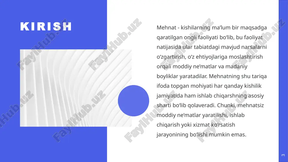 xususiy mehnat taqsimoti xususiy mehnat taqsimoti – bu, ham makroiqtisodiyot ishlab chiqarish yirik tarmoqlarining tur va kichik turlarga ajratilishidir. sanoat tarmog‘i, masalan, mashinasozlik, to‘qimachilik va hokazo sohalarga ajratiladi, to‘qimachilik sohasining ichida esa ip gazlama, jun gazlama va hokazo sohalari bo‘ladi. 8 xodimlar guruhi asosiy va yordamchi xodimlarga bo‘linadi. texnologik jarayonning barcha bosqichlarida asosiy mahsulotni bevosita tayyorlashda qatnashuvchi xodimlar (to‘quvchilar, ipyigiruvchilar, matolarni bo‘yovchilar) asosiy xodimlar hisoblanadi. yordamchi xodimlar asosiy xodimlarning normal, uzluksiz ishlashini ta’minlashadi. 9 mehnatni tashkil etishning bir qancha funksiyalari belgilangan resurs tejovchi ish vaqti sarflarini tejash, xomashyo, energiya va materiallardan samarali foydalanishga yo‘naltirilgan. optimallashtirish mehnatni tashkil etish darajasining takomillashib borayotgan ishlab chiqarishning texnik qurollanish darajasiga to‘liq mos kelishi, mehnat normalarining ilmiy asoslanganligiga erishish va mehnat intensivligi, mehnatga haq to‘lash darajasining uning oxirgi natijalariga mosligi bilan namoyon bo‘ladi. mehnatni ulug‘lash burivojlangan mamlakatda ijtimoiy mehnatni tashkil qilishning eng muhim funksiyasidir. funksiyalari 10 10 xulosa ayrim mehnat taqsimoti ishlar va mehnat funksiyalarining …