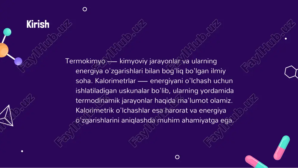 yatsiyalangan va ochiq sistemasidagi kalorimetrlar. har bir tur o'ziga xos ishlash xususiyatlariga ega. kalorimetrlar issiqlik o'zgarishlarini o'lchash uchun maxsus dizayn qilingan. ular termal energiya almashinuvini aniqlashga yordam beradi. kalorimetrik o'lchashlar bajarilishi uchun standart usullar mavjud. ular odatda energiya oldi berish va issiqlik sarfini o'lchashga asoslanadi. kalorimetrlar ilmiy tadqiqotlarda, sanoatda va ta'limda keng qo'llaniladi. ular kimyo va fizika sohalarida muhim ma'lumotlarni taqdim etadi. natijalar bo'yicha tahlil natijalar bo'yicha tahlil, tajribalarimizda olingan ma'lumotlarni to'plash va ularni tahlil qilish jarayonidir. kalorimetrik o'lchovlar orqali energiya o'zgarishlari aniqlanadi va bu, termokimyo asoslarini anglashda muhimdir. tahlil natijalari yordamida, kimyoviy reaksiyalar energiyasining xarakteristikasini tushunamiz. kalorimetrik o'lchash natijalari kalorimetrik o'lchashlar natijalari kimyoviy jarayonlarning energiya o'zgarishini aniqlashda muhimdir. tajribalar asosida olingan ma'lumotlar, moddalar orasidagi issiqlik almashinuvi va reaksiya mexanizmini tushunishga yordam beradi. bu natijalar orqali termokimyo asoslarini chuqurroq o'rganish mumkin. xulosa termokimyo kimyoviy jarayonlardagi energiya o'zgarishlarini o'rganadi. kalorimetrlar bu o'zgarishlarni o'lchashda qo'llaniladigan asboblar bo'lib, ular energiyaning issiqlik shaklida o'tkazilishini …