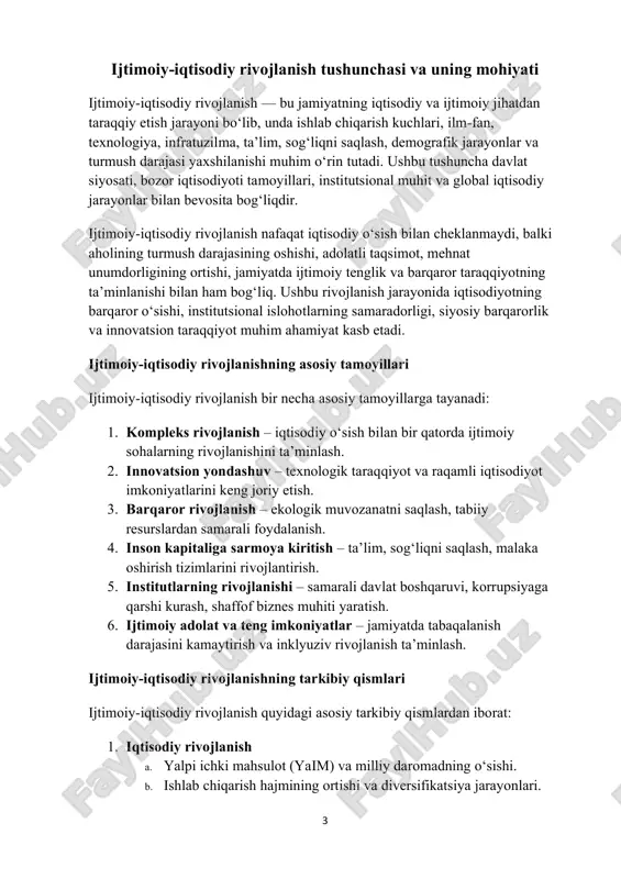 znes muhiti yaratish. 6. ijtimoiy adolat va teng imkoniyatlar – jamiyatda tabaqalanish darajasini kamaytirish va inklyuziv rivojlanish ta’minlash. ijtimoiy-iqtisodiy rivojlanishning tarkibiy qismlari ijtimoiy-iqtisodiy rivojlanish quyidagi asosiy tarkibiy qismlardan iborat: 1. iqtisodiy rivojlanish a. yalpi ichki mahsulot (yaim) va milliy daromadning o‘sishi. b. ishlab chiqarish hajmining ortishi va diversifikatsiya jarayonlari. 4 c. investitsiya muhitining yaxshilanishi va kapital oqimining ko‘payishi. d. ishsizlik darajasining kamayishi va bandlikni oshirish. 2. ijtimoiy rivojlanish a. aholining turmush darajasi va sifatining yaxshilanishi. b. sog‘liqni saqlash tizimi va ta’lim sohasidagi islohotlar. c. ijtimoiy adolat va tenglikni ta’minlash. d. rivojlangan infratuzilma va aholi farovonligini oshirish. 3. institutsional rivojlanish a. davlat boshqaruvi tizimini takomillashtirish. b. qonun ustuvorligi va biznes uchun qulay huquqiy muhit yaratish. c. korrupsiyaga qarshi kurash va davlat boshqaruvida shaffoflikni oshirish. 4. ekologik barqarorlik barqaror rivojlanish tamoyillariga asoslangan iqtisodiy modelni joriy qilish. atrof-muhit muhofazasi va resurslardan oqilona foydalanish. iqlim o‘zgarishiga moslashish va yashil iqtisodiyot strategiyalarini qo‘llash. ijtimoiy-iqtisodiy rivojlanishning …