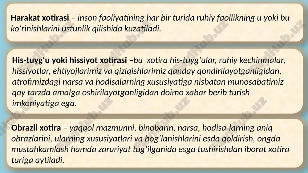 rganish. kerakli jihoz: so’zlar qatori ko’rsatma: men sizlarga bir necha so’zlar o’qib beraman. ularni qanday esda olib qolganlaringizni bir marta o’qiganimdan so’ng tekshirib ko’raman. o’qib bo’lib, yozing degan buyruqdan so’ng esda olib qolgan so’zlaringizni yozib qo’ying. image4.jpeg image3.png image5.jpeg image6.png image7.png image8.png image9.emf image10.emf image11.emf image1.png 1. barmoq — tirnoq. 26. bosh — soch 2. lolaqizg’aldoq — qizil. 27. ko’mir — qora 3. cho’l — qo’ng’iroq.. 28. gugurt — ochlik 4. maktab — tanbeh. 29. shirin — achchiq 5. shamol — bo’ron 30. yomg’ir — loy 6. soat — strelka 31. shahar — ko’cha 7. qand — shirin 32. g’ildirak—yumaloq 8. deraza — harf 33. qalin — olomon 9. baland — past 34. mukofot — nafrat 10. porox — portlash 35. quyosh — yorug’lik 11. ko’z — qorachig’ 36. poezd — vagon 12. o’t — yashil 37. bo’tako’z — zangori 13. meva — sham 38. tutun — qoida 14. mukofot …