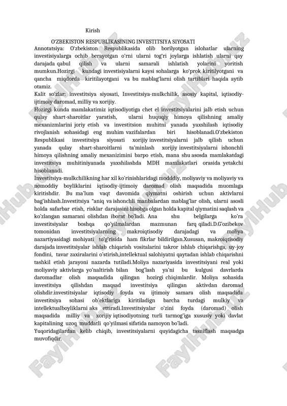 hlari bo’yicha: - pul mablag’lari,bankdagi maqsadli omonatlar,badallar,qimmatli qog’ozlar; - intellektual boyliklar, - mulkiy huquqlar investorlarning ishtirok etish shakllariga ko’ra: - ulush bilan ishtirok etish; - qimmatli qozg’ozlar chiqarish yo’li bilan sotib olish - huquqlarga egalik qilish qayta ishlab chiqarish shakillariga ko’ra: - yangi loyiha bo’yicha ishlash - korxonani ishlab chiqarish quvvatini oshirish - texnik qayta qurollashtish mablag’ qo’yish ob’ektlariga ko’ra: investitsiyalar - moddiy - nomoddiy - moliyaviy investitsiya bilan ta’minlashda ishtirok etishning xususiyatiga ko’ra: - bevosiya; - bilvosita; moliyaviy xavf darajasiga ko’ra: - minimal xavf darajasidagi moliyaviy investitsiyalar; - xavf tug’diradigan moliyaviy investitsiyalar investitsiya kiritilgan davriga qarab: - qisqa muddatli investitsiyalar - uzoq muddatli investitsiyalar investitsiya funksiyalari va investitsiya bo’yicha qo’llanmalar o‘zbekiston respublikasining 1998-yil 24-dekabrdagi “investitsiya faoliyati to‘g‘’risida”gi qonuning 3-moddasiga ko‘ra investitsiyalar mo‘ljallangan ob’ektiga qarab kapital, innovatsiya va ijtimoiy investitsiyagalarga bo‘linadi: -kapital invetitsiyalar jumlasiga asosiy fondlarni vujudga keltirish va takror ishlab chiqarishga, moddiy ishlab chiqarishning boshqa shakllarini rivojlantirishga qo’shiladigan investitsiyalar …
