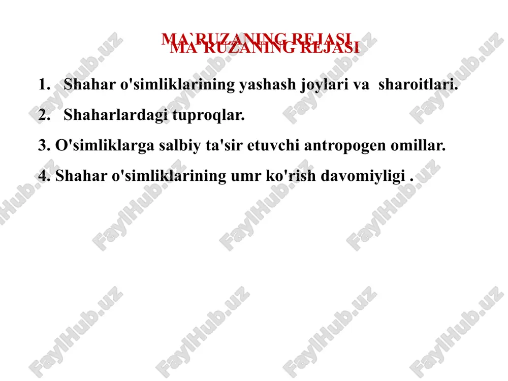 lar o'z hayot faoliyatida muhitga katta ta'sir ko'rsatadi va uni o'zgartira oladi. har xil o'simlik guruxlarining fitotsenoz dagi roli bir xil emas. o'simliklar tashqi muhitdan o'zi uchun zarur bo'lgan moddalarni o'zlashtiradi (q. assimilyatsiya), tashqi muhitga esa moddalar almashinuvi mahsulotlarini chiqaradi (q. dissimilyatsiya), f. tuprog'i va uning sirtida o'simlik qoldiklari chirib, tuproq tarkibini o'zgartiradi; o'simliklar va transpiratsiya ta'sirida o'ziga xos fitoiqlim hosil qiladi. fitotsenoz biotsenoz va biogeotsenoznint eng faol qismi hisoblanib, quyosh nuri energiyasi va atmosferadagi azotni o'zlashtiradi; hayvonlar bilan birgalikda energiya o'zgarishi va moddalarning aylanish jarayonlarida qatnashadi. fitotsenoz organik moddalarning asosiy yaratuvchisi bo'lib, geteroshrof organizmlar, shu jumladan, inson uchun oziq moddalar va energiya manbai hisoblanadi. fitotsenoz doimiy bo'lmasdan uning tarkibi va tashqi ko'rinishi yillar va yil fasllari davomida o'zgarib boradi. natijada bir xil turlar o'rnini boshqalari egallaydi; bir fitotsenoz boshqasi bilan almashinadi, ya'ni suktsessiya ro'y beradi. fitotsenoz haqidagi ta'limot fitotsenologiya deb ataladi oʻzbekistonning yirik shaharlari oʻsimliklariga salbiy taʼsir koʻrsatuvchi asosiy …
