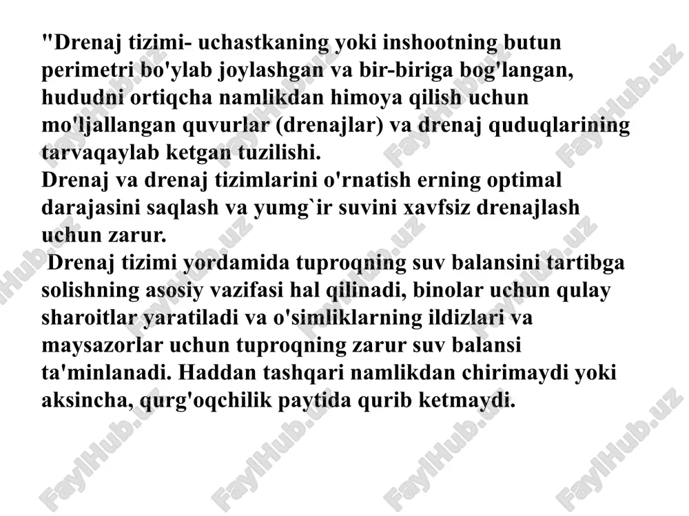 ini qamrab oladi; • o'chirish drenaji - er osti suvlarining ortiqcha kirib kelishini to'xtatadi yon tomondan drenajlangan joy - masalan, nishabning yuqori qismidan. drenaj tizimlarining turlari 3. tabiiy (tuproq, geologik va gidrogeologik) sharoitlariga ko'ra: • gorizontal drenaj - drenaj tarmog'i gorizontal - suv oqimi tomon nishab joylashganda; • vertikal - drenaj tizimi vertikal quduqlar shaklida amalga oshirilganda. drenaj tizimlarining turlari yuzaki (ochiq) drenaj bu ariq tizimi bo'lib, undan suv drenaj qudug'iga yoki yig'uvchi kanalizatsiyaga oqib tushadi, uning darajasi ariqning chiqish darajasidan past bo'lishi kerak. yopiq drenaj uchun kerakli nishabni yaratish qiyin bo'lgan tekis, past erlarda ariqlar afzalliklarga ega. ariqlarni begona o'tlardan va suv toshqinidan muntazam tozalash juda muhimdir. drenaj tizimlarining turlari chuqur (yopiq) drenaj. chuqur (yopiq) drenajni ifodalaydi drenaj quvurlari va quduqlar tizimi; yopiq tarmoq kabi qurilgan. bu balansi uchun texnik tuzilma tuproq va yomg'irning ma'lum bir maydoni drenaj tizimidan ortiqcha suv bo'lishi mumkin drenaj ishlarini tashkil etish xususiyatlari drenaj …