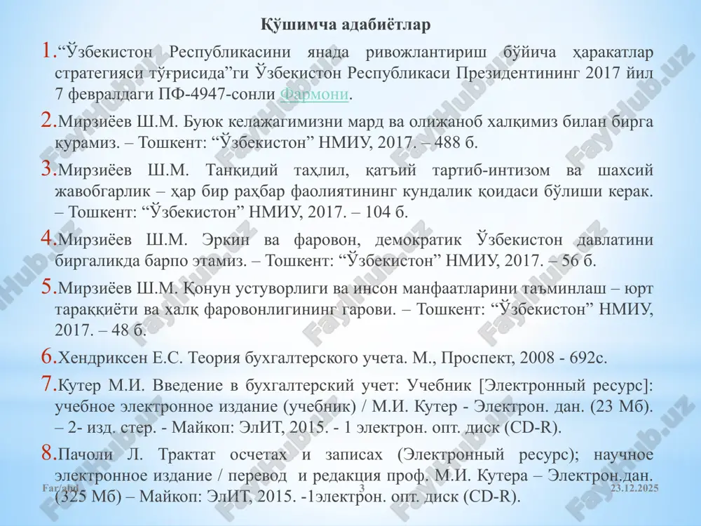 it, 2015. - 1 elektron. opt. disk (cd-r). 14-s. 04.11.2025 far/abd 5 buxgalteriya hisobining tarixiga nazar tashlaydigan bo'lsak, quyidagi fikrlarga kelish mumkin: 1) buxgalteriya hisobi yangi emas, birinchi hisob yozuvlari 4000 yil oldin amalga oshirilgan; 2) oldingi buxgalteriya hisobi investorlar uchun emas, balki boshqarish maqsadida yuritilgan; 3) buxgalteriya hisobining paydo bo'lishi va rivojlanishi aniq bir mamlakat yoki millat doirasida emas, balki afrika, hindiston, eron, iroqda va yana boshqa bir davlatda uzviy bog'langan holda takomillashib kelgan; 4) buxgalteriya hisobi texnik tarzda rivojlandi.* *eldon s. hendriksen michael f. van breda. accounting theory. per. s angl./pod red. prof. ya.v. sokolova. — m.: finansi i statistika, 2011. — 38 s. 04.11.2025 far/abd 6 ayrim manbalarda buxgalteriya so'zining paydo bo'lishiga quyidagicha fikr bildirilgan, ya'ni 1498 yil rim imperiyasining muqaddas imperatori maksimilian-1 qaroriga ko'ra hisob ishlari bilan shug'ullanadigan nemis millatiga mansub xristof shtexer ismli shaxsga buxgalter lavozimi berilgan. shu nuqtai nazardan «buxgalteriya» so'zining ma'nosi nemis tilidan …