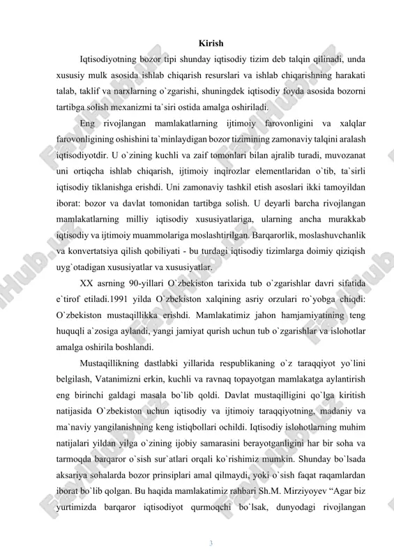a umuminsoniy qadriyat darajasiga ko`tarildi. bozor iqtisodiyotining ayrim o`ziga xos belgilari bor: a)xususiy mulk bilan bir qatorda boshqa mulk shakllari ham mavjud bo`ladi; b)ishlab chiqarish bozor talabini hisobga olgan holda olib boriladi. marketing muhim rol o`ynaydi; c)erkin raqobat asosiy o`ringa chiqadi, uning madaniy usullari qo`llaniladi. bozor iqtisodiyoti sharoitida davlat tomonidan tartibga solish faqat bozorning salbiy oqibatlarini cheklashga qaratiladi. bundan shunday xulosa chiqarish mumkin, bozor iqtisodiyoti sharoitida bozor, avvalo, o`zini-o`zi tartibga soladi, undan tashqari, davlat ham iqtisodiyotni tartibga solishga ta`sir ko`rsatadi. bozor deganda kishilar ko`z oldida ko`pchilik yig`ilib savdo-sotiq yuz beradigan joy gavdalanadi, lekin ko`pchilik do`kon, birja yoki auksionni bozor tarzida qabul qilmaydi. aslida "bozor" tushunchaciga boshqacharoq qarash kerak. bozor iqtisodiyoti va bozor tushunchalari o`zaro bog`liq bo`lsada, ular aynan bir narsa emas. agar bozor iqtisodiyoti yaxlit bir organizm hisoblansa, bozor uning muhim a`zosidir. bozor sotuvchilar bilan xaridorlarning oldi-sotdi qilish orqali yuz beradigan o`zaro manfaatli va hamkorlik aloqalaridir. bozorda sotuvchilar va xaridorlar …