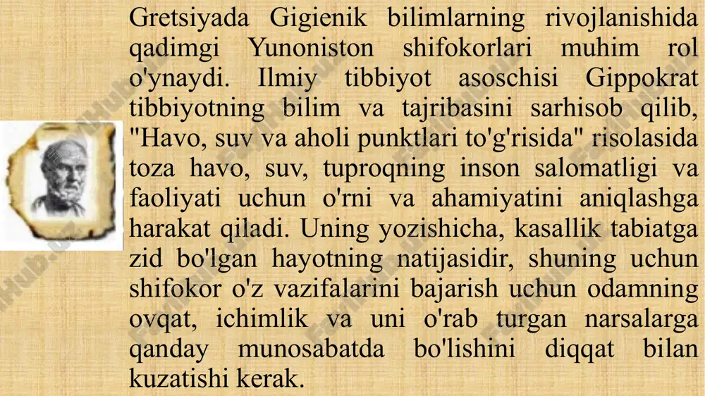 a san'atning, shu jumladan zamonaviy tabiatshunoslikning rivojlanishiga olib keldi. tibbiyot kasallik va uning sabablari, tananing funktsiyasi va tuzilishi haqidagi diniy, sxolastik g'oyalarni yengib, ilmiy rivojlanish yo'lini tutmoqda. shifokor va kimyogar paracelsus (1493-1541) paracelsus lotin tilidan tarjima qilingan (juft - "yaqin, yaqin") "yaqinlashgan selsiy" degan ma'noni anglatadi metabolik kasalliklar, konchilarning kasbiy kasalliklari, shikastlanishlari va dorivor kimyo savollarini o'rganadi. shifokor va astronom girolamo frakastoro (1478 - 1553) infektsiyalarning tarqalishi haqidagi kuzatuvlarni umumlashtiradi va "yuqumli kasalliklar to'g'risida" (1546), shifokor bernardino ramazzini (1633 - 1714) - odamlarning kasbi sabab bo'lgan kasalliklar haqidagi risolani (1700) yozgan. ). 1742 yilda prussiya pastori sussmilch o'zining "insoniyat o'zgarishi bo'yicha ilohiy tartib" ni e'lon qildi, bu esa sog'liqni saqlash statistikasi va demografiyasiga asos soldi. 1788 yilda piter frank (1745 - 1821) jamoat gigienasining barcha masalalariga bag'ishlangan birinchi olti jildli "tibbiy politsiyaning to'liq tizimi" va 1796 yilda x.v. gufelandning "makrobiotika" shaxsiy hayotining barcha masalalari bo'yicha birinchi yirik insho nashr etildi. …