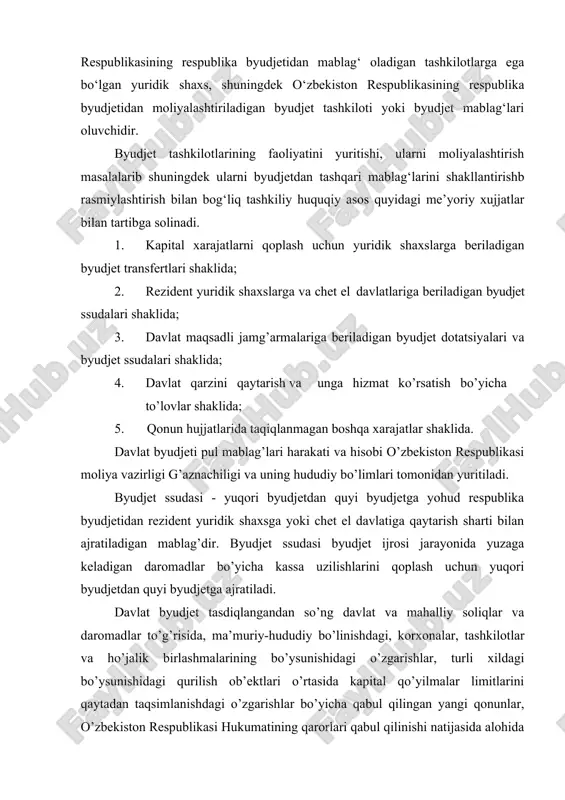 bo’ysunishidagi o’zgarishlar, turli xildagi bo’ysunishidagi qurilish ob’ektlari o’rtasida kapital qo’yilmalar limitlarini qaytadan taqsimlanishdagi o’zgarishlar bo’yicha qabul qilingan yangi qonunlar, o’zbekiston respublikasi hukumatining qarorlari qabul qilinishi natijasida alohida olingan byudjetlarga o’zgarishlar kiritilgan hollarda byudjet ijrosi jarayonida byudjetlar o’rtasida o’zaro hisoblashuvlar amalga oshiriladi. byudjet g’azna ijrosi jarayoni natijasi bo’yicha aylanma kassa mablag’lari qoldig’i shakllantiriladi. aylanma kassa mablag’lari bo’yicha me’yor belgilanadi. aylanma kassa mablag’i me’yori - moliya yilida respublika byudjeti qoraqalpog’iston respublikasi byudjeti va mahalliy byudjetlar hisobvaraqlarida turishi mumkin bo’lgan pul mablag’larining qonun hujjatlari bilan belgilanadigan eng kam miqdoridir. byudjet tashkilotlari faoliyati xarajatlari byudjet mablag’lari hisobiga moliyalanadi. shu bilan birgalikda byudjetdan tashqari mablag’lar manbalari bo’yicha shakllantiriladi. byudjet tashkilotlari xarajatlari smeta doirasida xarajatlar iqtisodiy tasnifi bo’yicha byudjet va byudjetdan tashqari mablag’lar hisobiga amalga oshiriladi. byudjet tashkilotlarining moliyaviy aktivlari ya’ni pul mablag’lari g’aznachilik va uning hududiy bo’limlarida ochilgan shaxsiy hisobvaraqlarda byudjet va byudjetdan tashqari mablag’lar bo’yicha alohida yuritiladi. byudjet tashkilotlari smetalar ijrosi jarayonida belgilangan vazifani …