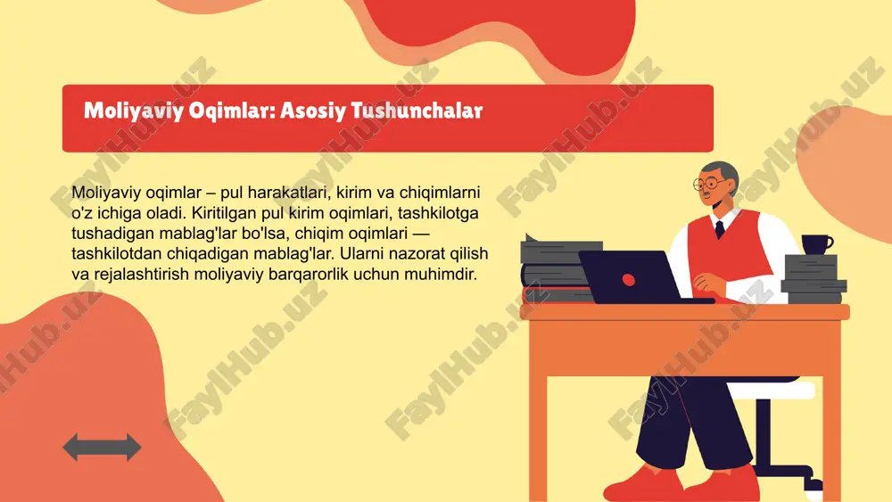 r texnologiyalar yordamida moliyaviy nazoratni samarali va tez amalga oshirish imkonini beradi. o'zbekiston moliyaviy boshqaruv instituti oqimlarni optimallashtirish: kirish oqimlarni optimallashtirishning ahamiyati moliyaviy oqimlarni optimallashtirish korporativ moliyaviy boshqaruvda muhim rol o'ynaydi, chunki u resurslarni samarali taqsimlash va moliyaviy risklarni kamaytirishga yordam beradi. bu jarayon, kompaniyaning likvidligini saqlash uchun muhimdir. amaliy moliyaviy boshqaruvdagi roli amaliyotda, oqimlarni optimallashtirish orqali kompaniyalar naqd pul oqimlarini boshqaradi, investitsiya va qarz siyosatini muvofiqlashtiradi va moliyaviy barqarorlikni ta'minlaydi. bu, ayniqsa, iqtisodiy noaniqliklarda muhim. ma'lumotlar va foydalari oqimlarni optimallashtirish jarayoni, moliyaviy ko'rsatkichlarni yaxshilash, xarajatlarni kamaytirish va kapitalni samarali ishlatish imkonini beradi. bu, kompaniyaning uzoq muddatli rivojlanishi uchun asosiy omil hisoblanadi. 1 2 4 oqimlarni boshqarish usullari asosiy usullar va ularning afzalliklari moliyaviy oqimlarni boshqarishda asosiy usullar: budjetlashtirish, likvidlik boshqaruvi va risklarni kamaytirish usullari. har bir usulning o'ziga xos afzalliklari: masalan, budjetlashtirish moliyaviy rejalashtirish uchun, likvidlik boshqaruvi esa naqd pul oqimini nazorat qilish uchun muhim. kamchiliklar va muhim nuqtalar …