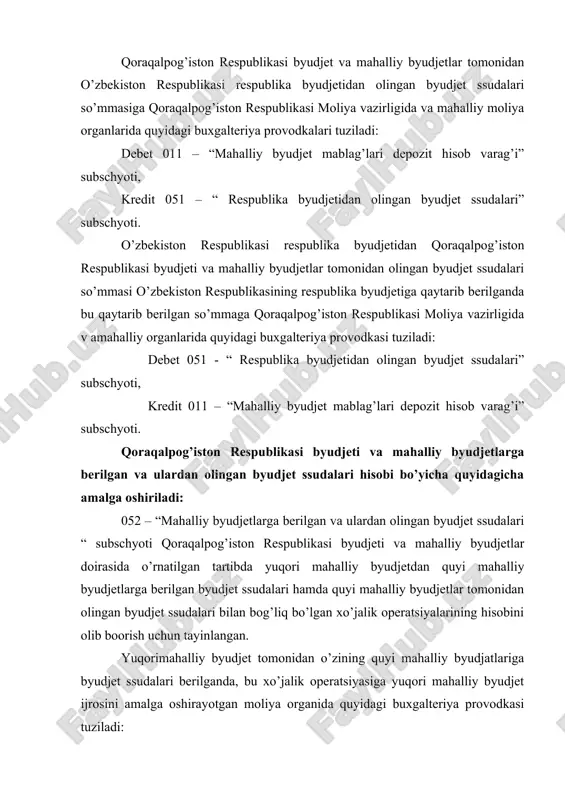 n xo’jalik operatsiyalarining hisobini olib boorish uchun tayinlangan. yuqorimahalliy byudjet tomonidan o’zining quyi mahalliy byudjatlariga byudjet ssudalari berilganda, bu xo’jalik operatsiyasiga yuqori mahalliy byudjet ijrosini amalga oshirayotgan moliya organida quyidagi buxgalteriya provodkasi tuziladi: debet 052 – “qoraqalpog’iston respublikasi va mahalliy byudjetlarga berilgan va ulardan olingan byudjet ssudalari” subschyoti; kredit 011 – “mahalliy byudjet mablag’lari depozit hisobvarag’i” subschyoti. yuqori mahalliy byudjetdan byudjet ssudalarini olgan quyi mahalliy byudjetlar ijrosini amalga oshirayotgan moliya organlarida quyidagi buxgalteriya provodkasi tuziladi. debet 011 – “mahalliy byudjet mablag’lari depozit hisobvarag’i” subschyoti; kredit 052 – “qoraqalpog’iston respublikasi va mahalliy byudjetlarga berilgan va ulardan olingan byudjet ssudalari” subschyoti. quyi mahalliy byudjetlar tomonidan yuqori mahalliy byudjetga undan olgan byudjet ssudalari so’mmasi qaytarib berilganda, bu xo’jalik operatsiyasiga: a) quyi mahalliy byudjetlar ijrosini amalga oshirayotgan moliya organlarida quyidagi buxgalteriya provodkasi tuziladi: debet 052 – “qoraqalpog’iston respublikasi va mahalliy byudjetlarga berilgan va ulardan olingan byudjet ssudalari” subschyoti; kredit 011 – “mahalliy byudjet mablag’lari …