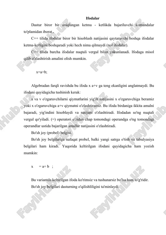 tugri! l–kiymat esa r–kiymat bo'lishi mumkin. matematik operatorlar. c++ tilida 5 ta asosiy matematik operatorlar ko'llaniladi: qo'shish (+), ayirish (-), ko'paytirish (*), butun songa bo'lish (\) va modul bo'yicha bo'lish (%)(qoldiqni olish). ishorasiz butun sonlarni ayirishda, agarda natija manfiy son bo'lsa g'ayrioddiy natija beradi. ayirish natijasida butun sonni to'lib qolishiga misol # include int main() { unsiegned int ayirma unsisgned int kattason = 100; unsigned int kichikson = 50; ayirma = kattason – kichikson; cout int main() { int myage = 39; int yourage = 39; cout 100>50 50>50 true false katta yoki teng >= 100>=50 50>=50 true true kichik kichikson) kattason=kichikson; bu erda kattason va kichikson o'zgaruvchilari taqqoslanayapti. agarda kattason o'zgaruvchisi qiymati katta bo'lsa, bu navbatdagi qatorda unga qiymat sifatida kichikson o'zgaruvchisining qiymati o'zlashtiriladi. if operatorida figurali qavs ichiga olingan ifodalar blokini ham ishlatish mumkin. if (shart) { - ifoda - ifoda - ifoda } quyida ifodalar blokining qo'llanilishiga …
