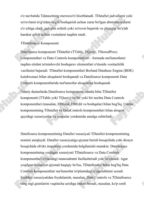 ining qadriyatlariga mos keladigan mos yozuvlar yaxlitligi yoki cheklov shartlariga rioya qilish zarur bo'lganda yaratilishi kerak. ttable komponenti ma'lumotlar bazasi jadvallarini ko'rib chiqishning eng oson usuli-bitta jadvalga kirishni ta'minlovchi ttable komponentidan foydalanish. buning uchun quyidagi xususiyatlar eng ko'p ishlatiladi: faol-ochiq (haqiqiy) yoki yo'qligini bildiradi (noto'g'ri) ushbu jadval. databasename-kerakli jadvalni yoki uzoq ma'lumotlar bazasining taxallusini (alias) o'z ichiga olgan katalogning nomi (taxalluslar borland mahsulotlariga bag'ishlangan ko'plab manbalarda yoki ma'lumotlar bazasi/o'rganish menyusi yordamida chaqirilgan sql explorer yordamida tasvirlangan bde konfiguratsiya dasturi yordamida o'rnatiladi). bu xususiyat faqat jadval yopiq bo'lsa (uning faol mulki noto'g'ri bo'lsa) o'zgartirilishi mumkin, masalan: table1->active = false; table1->databasename = "bcdemos" table1->active = true; tablename-jadval nomi. exclusive - bu xususiyat rost qiymatini oladi, agar, keyin hech qanday boshqa foydalanuvchi bu dastur tomonidan ochilgan bo'lsa, jadval ochish mumkin. agar bu xususiyat noto'g'ri (standart) bo'lsa, boshqa foydalanuvchilar ushbu jadvalni ochishlari mumkin. indexname-jadval uchun ikkinchi darajali indeksni aniqlaydi. jadval ochiq bo'lsa, bu xususiyat …