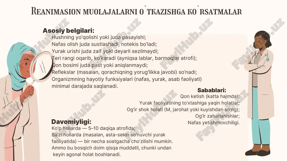 shdan keyin 2 marta sun’iy nafas beriladi. nafas berishda bosh orqaga engashtiriladi, og‘iz va burun ochiq bo‘ladi. ijobiy belgilar: puls paydo bo‘lishi ko‘z qorachig‘ining torayishi teri rangining yaxshilanishi yurak–o‘pka reanimatsiyasi (yor) 1. bemor qattiq joyga chalqancha yotqiziladi. 2. nafas yo‘llari ochiladi: bosh orqaga engashtiriladi, pastki jag‘ oldinga suriladi, og‘iz va tomoq tozalanadi. 3. burun qisiladi, yordam ko‘rsatuvchi bemorning og‘ziga havo puflaydi. 4. havo yuborilganda ko‘krak qafasi ko‘tarilishi kerak. 5. har 5–6 soniyada 1 marotaba (ya’ni 10–12 marta/minut) nafas beriladi. 6. yurak massaji bilan birga qilinsa — nisbati 30:2 bo‘ladi. texnika (og‘izdan–og‘izga usul) 1. maqsadi: organizmni kislorod bilan ta’minlab, biologik o‘limni kechiktirish va yurak faoliyatini saqlab qolish. sun’iy nafas berish usullari og‘izdan–og‘izga og‘izdan–burunga ambu-xalta yoki apparat orqali sun’iy nafas berish muammolar: faol evtanaziya: maxsus vositalar bilan hayotni to‘xtatish. passiv evtanaziya: hayotni sun’iy ravishda uzaytiruvchi muolajalarni to‘xtatish. ixtiyoriy: bemorning roziligi bilan. ixtiyorsiz: bemor roziligi bo‘lmagan holatda. turlari : axloqiy: inson hayotiga qo‘l …