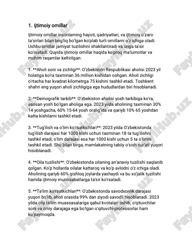icha hukumat dasturlari amalga oshirilayotgani qayd etiladi. 3. **inflyatsiya:** inflyatsiya darajasi iqtisodiyotning barqarorligi va aholining sotib olish qobiliyatiga ta'sir qiladi. o'zbekistonda 2023-yil uchun inflyatsiya darajasi 11.8% atrofida prognoz qilindi. inflyatsiyani nazorat qilish maqsadida markaziy bank pul-kredit siyosatini izchil olib bormoqda. 4. **xorijiy va mahalliy sarmoyalar:** 2023-yilda o'zbekistonga kirib kelgan xorijiy sarmoyalar miqdori 4.8 milliard aqsh dollarini tashkil etdi. bu esa yuqori texnologiyali ishlab chiqarishlar, infratuzilma loyihalari va energetika sohalari rivojiga xizmat qilmoqda. mahalliy sarmoyalar esa umuman olganda yalpi ichki mahsulotning 24% ni tashkil etdi. 5. **eksport-import balansi:** o'zbekistonning eksport hajmi 2023 yilda 19.5 milliard aqsh dollarini tashkil etdi, bu esa oldingi yilga nisbatan 7% o'sishni ko'rsatmoqda. asosiy eksport mahsulotlarini energiya resurslari, paxta, oltin va turli ishlab chiqarish sanoati mahsulotlari tashkil etadi. import hajmi esa 22.7 milliard aqsh dollariga yetdi, bunda mashinalar va uskunalar, oziq-ovqat mahsulotlari va transport vositalari asosiy ulushni tashkil etadi. 6. **nominal va real daromadlar:** aholining nominal daromadlari …