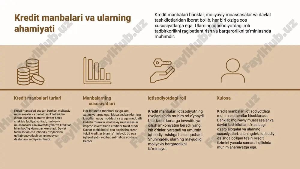 ma'lumot kredit - bu moliya vositasi, unda bir tomon (kreditor) boshqasiga (kreditor) ma'lum bir muddatga pul mablag'ini beradi. bu jarayon kredit shartlari va foizlar asosida amalga oshiriladi. kredit, iqtisodiyotda muhim rol o'ynab, resurslarni taqsimlashda va moliyaviy barqarorlikni ta'minlashda yordam beradi. kreditning asosiy vazifalari kreditning asosiy vazifalari iqtisodiy taraqqiyotga yordam berish, iste'molchilar ehtiyojlarini qondirish va biznes rivojlanishini qo'llab-quvvatlashdir. bu, o'z navbatida, iqtisodiy barqarorlikni ta'minlaydi va investitsiyalarning o'sishiga zamin yaratadi. bozor iqtisodiyotidagi roli kredit tizimi iqtisodiy o'sishni rag'batlantiradi va investitsiyalarni jalb etadi. u tadbirkorlik faoliyatini kuchaytirish va yangi ish o'rinlarini yaratishda muhim ahamiyatga ega. shuningdek, kredit mehnat bozorining samaradorligini oshirishga yordam beradi. kreditning iqtisodiy vazifalari kredit iqtisodiy faoliyatning muhim elementi bo'lib, u resurslarni samarali taqsimlash, iste'mol va investitsiyalarni rag'batlantirishga yordam beradi. kreditning funksiyalari iqtisodiy taraqqiyot, iste'molchilar ehtiyojlarini qondirish va biznes rivojlanishini qo'llab-quvvatlashni o'z ichiga oladi. shuningdek, kredit bozor iqtisodiyotida o'sishni qo'llab-quvvatlaydi. iqtisodiy barqarorlik ahamiyati kreditlar iqtisodiy barqarorlikni ta'minlashda muhim rol o'ynaydi. ular …