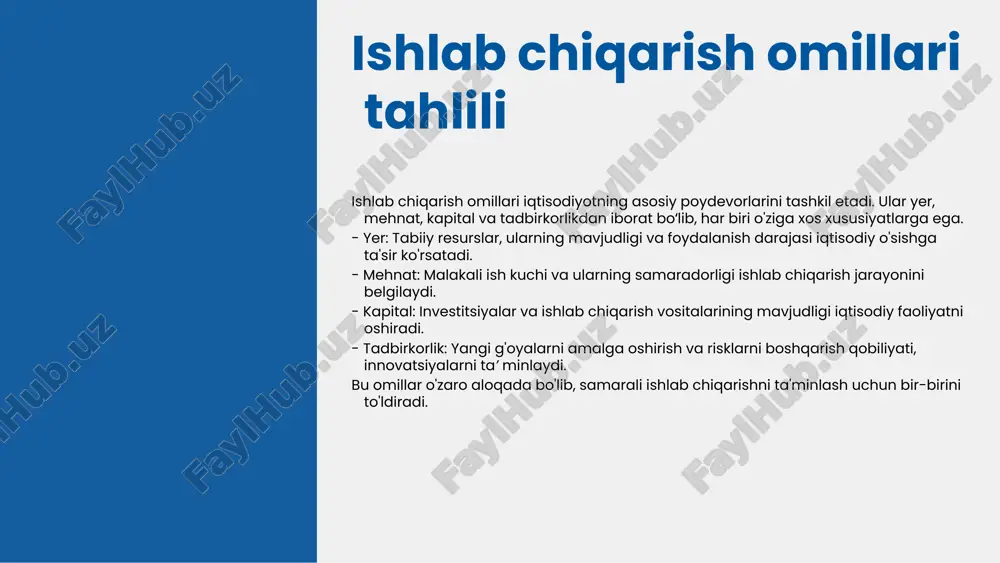 rining rivojlanish istiqbollari kelajakda iqtisodiy o'zgarishlar va yangi omillar bilan bog'liq. rivojlanish tendensiyalari texnologik innovatsiyalar, inson resurslarining sifatini oshirish va tabiiy resurslardan samarali foydalanishga qaratilgan. sun'iy intellekt va avtomatizatsiya ishlab chiqarish jarayonlarini yangilashda muhim rol o'ynaydi. swot tahlili: - kuchli tomonlar: innovatsion texnologiyalar, resurslardan samarali foydalanish. - zaif tomonlar: malakali ishchi kuchining yetishmasligi, iqtisodiy noaniqlik. - imkoniyatlar: yangi bozorlar, texnologik rivojlanish. - tahdidlar: raqqobatning kuchayishi, global iqtisodiyotdagi o'zgarishlar. iqtisodiy o'zgarishlar ta'rifi iqtisodiy o'zgarishlar - bu iqtisodiyotda yuz beradigan strukturaviy va funksional o'zgarishlardir. ular resurslar taqsimoti va ishlab chiqarish jarayonlarini o'zgartiradi. 1. bozor iqtisodiyotiga o'tish - iqtisodiy tizimning o'zgarishi; 2. innovatsion texnologiyalar joriy etilishi - yangi ishlab chiqarish usullarining paydo bo'lishi; 3. ijtimoiy-iqtisodiy rivojlanish - ijtimoiy sharoitlarning yaxshilanishi. iqtisodiy o'zgarishlar ishlab chiqarish omillariga ta'sir ko'rsatib, ularning samaradorligini oshiradi. bu o'zgarishlar yangi imkoniyatlarni yaratadi va ishlab chiqarish jarayonini optimallashtirishga yordam beradi. shunday qilib, iqtisodiy o'zgarishlar ishlab chiqarishda muhim rol o'ynaydi, bu esa …
