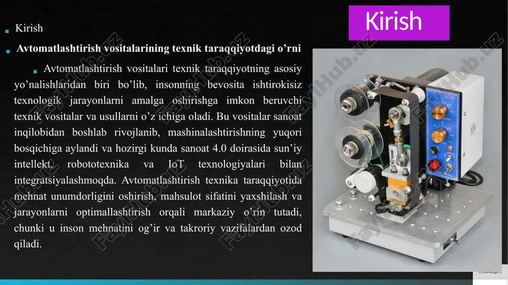 biyotda ishlatiladigan datchiklar yurak urishini o’lchaydi va real vaqtda ma’lumot beradi.datchiklarning ishlash tamoyillari texnologiyalarning rivojlanishi bilan takomillashmoqda. hozirgi kunda simsiz datchiklar keng tarqalgan, ular ma’lumotlarni masofadan uzatadi. stranitsa 6 rostlagichlar, kontrollerlar va aktuatorlar tizimi rostlagichlar tizimni sozlaydi va optimal holatni saqlaydi. kontrollerlar qaror qabul qiladi, aktuatorlar esa harakatni bajaradi. bu tizim birgalikda ishlaydi. rostlagichlar, kontrollerlar va aktuatorlar tizimi sanoatda keng qo’llaniladi. masalan, avtomobillarda abs tizimi rostlagichlar orqali tormozni boshqaradi.bu tizimning ishlashi teskari aloqaga asoslanadi, bu esa barqarorlikni ta’minlaydi. energetika sohasida aktuatorlar generatorlarni boshqaradi.rostlagichlar, kontrollerlar va aktuatorlar tizimi modulli bo’lib, ularni oson yangilash mumkin. stranitsa 7 elektron va raqamli avtomatlashtirish vositalari elektron va raqamli avtomatlashtirish vositalari analog tizimlarga nisbatan ustunlikka ega. ularning afzalliklari quyidagicha: yuqori aniqlik, tez ishlash va kam energiya sarfi. raqamli vositalar ma’lumotlarni saqlash va tahlil qilish imkonini beradi.elektron va raqamli avtomatlashtirish vositalarining afzalliklari ishlab chiqarishda namoyon bo’ladi. masalan, cnc mashinalari raqamli boshqaruv orqali aniq kesishni ta’minlaydi.bu vositalar xatoliklarni …