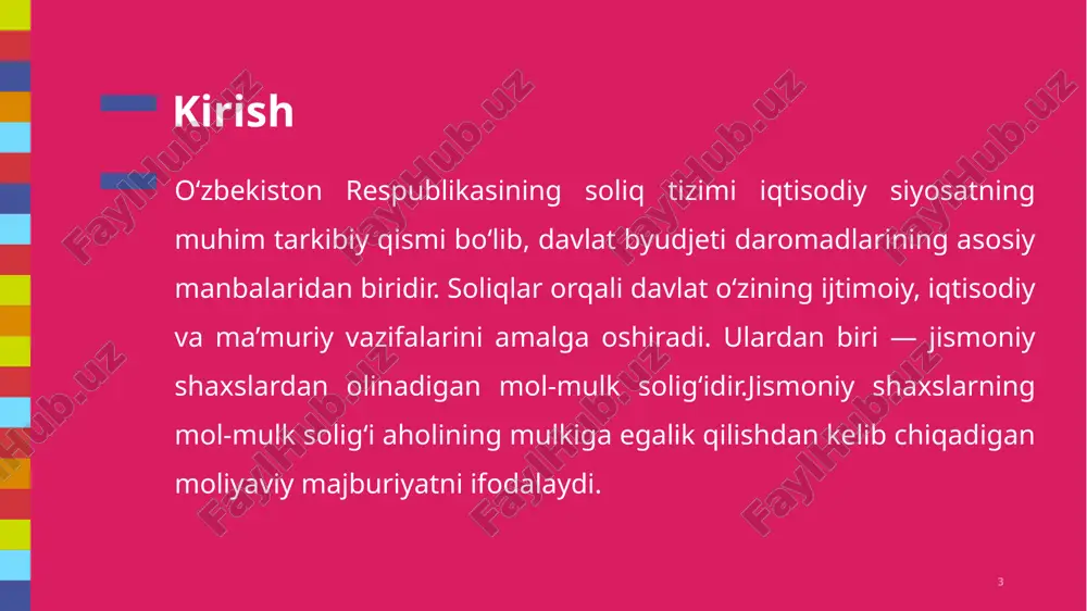 qat’i nazar undiriladi. 8 8 soliq ob’ekti, soliq to‘lovchisi va soliq stavkalari tushunchalari soliq ob’ekti tushunchasi mol-mulk solig‘ining asosiy unsurlaridan biri bo‘lib, u soliq undiriladigan mulk turlarini belgilaydi. 9 9 jismoniy shaxslardan olinadigan mol-mulk solig‘ining turlari jismoniy shaxslardan olinadigan mol-mulk solig‘ining turlari mulkning xususiyatlariga va soliq huquqining maxsus normalariga asoslanib ajratiladi. asosiy tur sifatida ko‘chmas mulk solig‘i ko‘rsatiladi, u uy-joylar, kvartiralar, garajlar va boshqa inshootlarga nisbatan undiriladi. 10 10 jismoniy shaxslardan olinadigan mol-mulk solig‘ini hisoblash va undirish tartibi soliq imtiyozlari va ularni qo‘llash tartibi prezentatsiya konferentsii 11 soliq to‘lov jarayoni va to‘lov muddatlari soliq bazasini aniqlash va baholash usullari jismoniy shaxslardan olinadigan mol-mulk solig‘ining asosiy elementi soliq bazasini aniqlashdir. soliq to‘lov jarayoni jismoniy shaxslar uchun qulay va shaffof bo‘lishi lozim, chunki bu fuqarolarning soliq mas'uliyatini oshirishga xizmat qiladi. soliq imtiyozlari jismoniy shaxslardan olinadigan mol-mulk solig‘ining ijtimoiy adolat tamoyilini aks ettiruvchi muhim qismidir. 11 o‘zbekiston respublikasida mol-mulk solig‘i amaliyoti va muammolari …