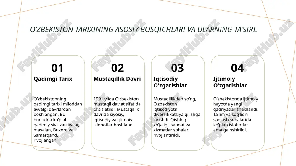 da, startaplar va innovatsion korxonalar ko'paymoqda, bu yoshlar uchun yangi ish o'rinlari yaratmoqda. oʼzbekiston iqtisodiy rivojlanishi: mustaqillikdan keyingi yutuqlar va muammolar. 1 mustaqillik yutuqlari oʼzbekiston mustaqil boʼlgandan buyon iqtisodiyotda koʼplab yutuqlarga erishildi, jumladan, qishloq xoʼjaligi va sanoatning rivojlanishi. 2 iqtisodiy muammolar mustaqillikdan keyin oʼzbekistonda iqtisodiy muammolar ham mavjud boʼlib, ular ishsizlik va inflyatsiya kabi masalalarni o'z ichiga oladi. 3 rivojlanish strategiyalari oʼzbekiston iqtisodiy rivojlanishini ta'minlash uchun davlat tomonidan turli strategiyalar ishlab chiqildi, bu esa investitsiyalarni jalb qilishga yordam bermoqda. oʼzbekistondagi ijtimoiy oʼzgarishlar: ta'lim va sogʼliqni saqlash sohalaridagi yangiliklar. ta'lim tizimidagi o'zgarishlar o'zbekistonda ta'lim tizimi mustaqillikdan so'ng yangilandi. yangi o'quv dasturlari va zamonaviy metodlar joriy etilib, ta'lim sifatini oshirishga qaratilgan. sog'liqni saqlash sohasidagi yangiliklar sog'liqni saqlash tizimida islohotlar amalga oshirildi. yangi klinikalar ochilib, tibbiy xizmatlar sifatini yaxshilash maqsadida zamonaviy texnologiyalar joriy etilmoqda. raqamli ta'lim resurslari o'zbekistonda raqamli ta'lim resurslari rivojlanmoqda. onlayn platformalar va elektron darsliklar yordamida ta'lim jarayoni yanada samarali bo'lmoqda. …