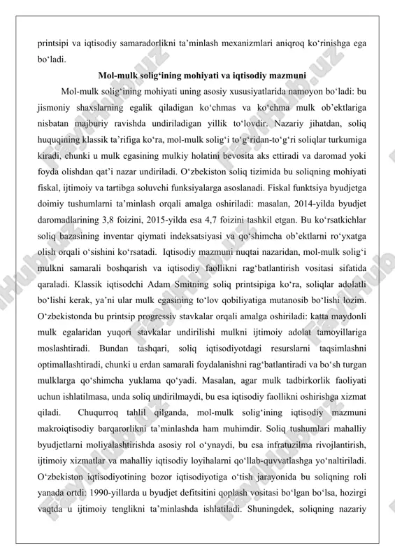 qobiliyatiga mutanosib bo‘lishi lozim. o‘zbekistonda bu printsip progressiv stavkalar orqali amalga oshiriladi: katta maydonli mulk egalaridan yuqori stavkalar undirilishi mulkni ijtimoiy adolat tamoyillariga moslashtiradi. bundan tashqari, soliq iqtisodiyotdagi resurslarni taqsimlashni optimallashtiradi, chunki u erdan samarali foydalanishni rag‘batlantiradi va bo‘sh turgan mulklarga qo‘shimcha yuklama qo‘yadi. masalan, agar mulk tadbirkorlik faoliyati uchun ishlatilmasa, unda soliq undirilmaydi, bu esa iqtisodiy faollikni oshirishga xizmat qiladi. chuqurroq tahlil qilganda, mol-mulk solig‘ining iqtisodiy mazmuni makroiqtisodiy barqarorlikni ta’minlashda ham muhimdir. soliq tushumlari mahalliy byudjetlarni moliyalashtirishda asosiy rol o‘ynaydi, bu esa infratuzilma rivojlantirish, ijtimoiy xizmatlar va mahalliy iqtisodiy loyihalarni qo‘llab-quvvatlashga yo‘naltiriladi. o‘zbekiston iqtisodiyotining bozor iqtisodiyotiga o‘tish jarayonida bu soliqning roli yanada ortdi: 1990-yillarda u byudjet defitsitini qoplash vositasi bo‘lgan bo‘lsa, hozirgi vaqtda u ijtimoiy tenglikni ta’minlashda ishlatiladi. shuningdek, soliqning nazariy asoslari xalqaro tajribaga asoslanadi: aqsh va yevropa ittifoqi mamlakatlarida mol-mulk solig‘i shaharlar byudjetining 20-30 foizini tashkil etadi, o‘zbekistonda esa bu ko‘rsatkich 9 foizga yetadi, ammo o‘sish tendentsiyasi kuzatilmoqda. …