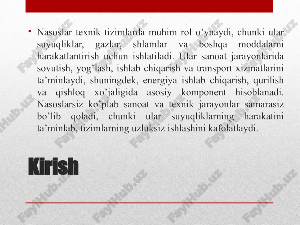 qaladi.jarayon quyidagi bosqichlarga bo’linadi: energiyani so’rish (nasos suyuqlikni tortib oladi), uzatish (quvurlar orqali bosim yetkaziladi), o’zgartirish (ijrochi mexanizmda suyuqlik energiyasi mexanik kuchga aylanadi). energiya yo’qotishlari quvurlardagi ishqalanish va oqishlar sababli yuzaga keladi, lekin ularni minimallashtirish uchun silliq quvurlar va yuqori sifatli suyuqliklar ishlatiladi. gidravlik uzatmalar va ularning ishlash mexanizmi gidravlik uzatmalar mashina va mexanizmlarda mexanik energiyani suyuqlik orqali uzatish va o’zgartirish uchun mo’ljallangan tizimlar bo’lib, ularning samaradorligi yuqori bosim va suyuqlikning siqilmasligi xususiyatlariga asoslanadi. nasoslar va gidravlik uzatmalarning qo’llanish sohalari nasoslar va gidravlik uzatmalarning qo’llanish sohalari sanoatda (neft, kimyo, metallurgiya, avtomobilsozlik) qishloq xo’jaligida (sug’orish tizimlari, suv ta’minoti) energetika sohasida (issiqlik almashinuvi, sovutish tizimlari) qishloq xo’jaligida (sug’orish tizimlari, suv ta’minoti) markazdan qochma nasosning tuzilishi markazdan qochma nasoslarning texnik va iqtisodiy samaradorligi: bu nasoslarning samaradorligi 60-80% gacha yetishi mumkin, bu mexanik, gidravlik va volumetrik samaradorlikka bog’liq. texnik jihatdan ular oddiy tuzilishga ega, kam texnik xizmat talab qiladi va katta hajmdagi suyuqliklarni tez …