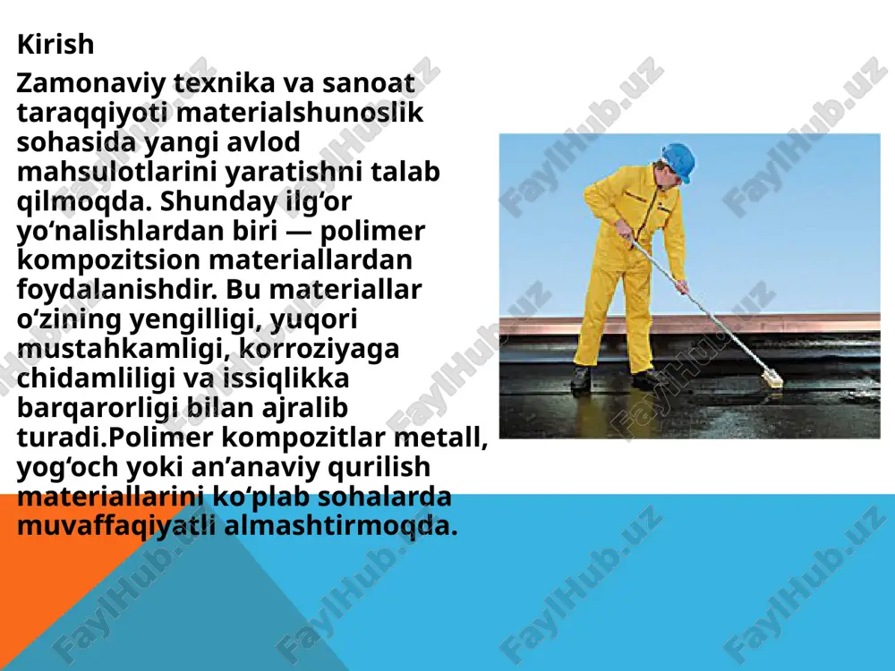 n birga yangi materiallarning keng qo‘llanilishiga guvoh bo‘lmoqda. polimer materiallar orasida eng muhim o‘rinni egallaganlar orasida sintetik polimerlar, xususan, polivinilxlorid (pvc), polietilen (pe), polipropilen (pp) va polistirol (ps) kiradi. ushbu materiallarning qurilishdagi roli nafaqat ularning mexanik va fizik xususiyatlariga, balki iqtisodiy samaradorligi va ekologik jihatdan xavfsizligiga bog‘liq. qurilishda ishlatiladigan polimerlar pvc polietilen polipropilen polistirol qurilish konstruksiyalari, quvurlar, izolyatsion va dekorativ materiallar polimer materiallar qurilish konstruksiyalarida asosiy tuzilma elementlari sifatida keng qo‘llaniladi. masalan, kompozit panellar – polimer matritsasi va shisha tolalari birikmasidan tayyorlanadi – ko‘priklar va binolar devorlarida ishlatiladi. 17 polimer kompozitlarning ekologik va iqtisodiy afzalliklari polimer kompozitlar – polimer matritsasi va to‘ldirgichlar (shisha tolalari, uglerod tolalari) birikmasi – qurilishda ekologik va iqtisodiy jihatdan ustunliklarga ega. ekologik afzalliklar orasida eng muhimi – qayta ishlanish imkoniyati. masalan, pe va pp kompozitlar 80-90 foizgacha qayta ishlanib, yangi materiallarga aylantiriladi, bu tabiiy resurslarni tejaydi va chiqindilarni kamaytiradi. polimer kompozitlarning engil vazni transport emissiyasini 20-30 …