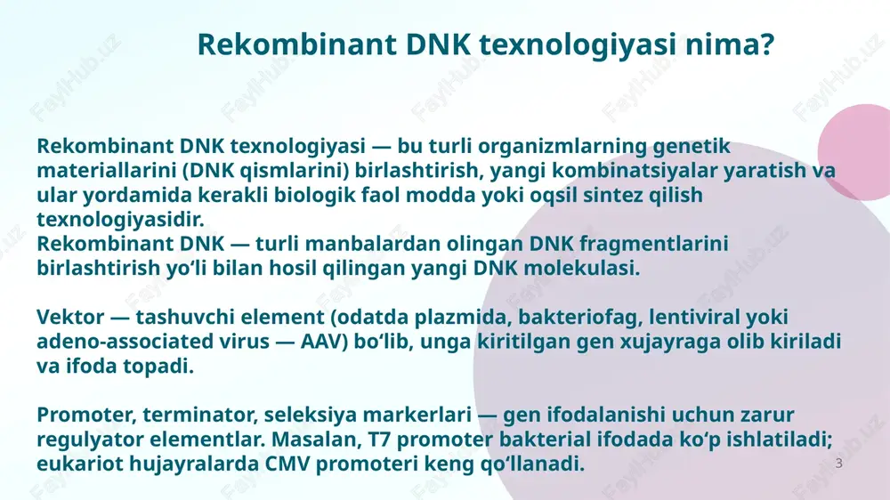 smalarida. 🧫 4. diagnostika.rekombinant antigenlar yordamida serologik testlar (masalan, elisa) ishlab chiqiladi. pcr va dnk-problar asosida kasalliklarni aniqlash. 7 viruslarga va o‘smalarga qarshi dori vositalarining ta’sir mexanizmi. a. viruslarga qarshi dori vositalari viruslar o‘z dnk yoki rnk sintezida maxsus polimerazalar (dnk-polimeraza, rnk-polimeraza, reverta transkriptaza) dan foydalanadi. dori vositalar bu fermentlarni bloklab, virus replikatsiyasini to‘xtatadi. 8 8 viruslarga qarshi dori vositalarining ta’sir mexanizmi. 9 dori nomi qo‘llanish sohasi ta’sir mexanizmi atsiklovir, valasiklovir herpes simplex, varicella zoster virus dnk-polimerazasini ingibirlaydi, dnk sintezini to‘xtatadi gansiklovir, foskarnet sitomegalovirus infeksiyasi virus dnk-polimerazasining faol markaziga ulanib, replikatsiyani to‘xtatadi dnk polimerazani bloklovchi dorilar revertaaza (teskari transkriptaza) ingibitorlari dori nomi qo‘llanish sohasi mexanizmi zidovudin (azt), lamivudin, tenofovir oiv (hiv) virus rnk’sini dnkga o‘zgartiruvchi revertaazani bloklaydi, virus genomining integratsiyasini oldini oladi 9 viruslarga qarshi dori vositalarining ta’sir mexanizmi. 10 integrataza va proteaza ingibitorlari dori nomi ta’sir joyi raltegravir, dolutegravir virus dnk’sining xost dnkga qo‘shilishini to‘xtatadi ritonavir, lopinavir virus oqsillarining …