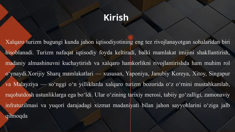 iy sharq mintaqasi, ya'ni xitoy, yaponiya, janubiy koreya, tailand va viet nam kabi davlatlarni o'z ichiga olgan hudud, global turizm bozorida noyob salohiyatga ega. bu mintaqa tabiiy boyliklari, boy madaniy merosi va texnologik innovatsiyalari bilan ajralib turadi. 2024-yilda osiyo-tinch okeani mintaqasiga 323 million sayyoh kelgan bo'lib, bu 2023-yilga nisbatan 21 foiz o'sishni ko'rsatadi. mintaqaning salohiyati iqtisodiy ko'rsatkichlarda ham yaqqol namoyon: turizm mintaqa yaimning 9,8 foizini ta'minlab, 2025-yilda 2,971 milliard dollardan ortiq daromad keltirishi kutilmoqda. 9 yaponiya turizm sohasining raqobatdosh ustunliklari yaponiya turizm sohasi global bozorda o'ziga xos o'rin egallab, sayyohlarning e'tiborini jalb etishda noyob strategiyalarga asoslanadi. bu mamlakatning raqobatdosh ustunliklari nafaqat iqtisodiy o'sishni ta'minlaydi, balki madaniy va ekologik barqarorlikni ham mustahkamlaydi. yaponiyaning tabiiy go'zalligi, boy madaniy merosi va zamonaviy infratuzilmasi birgalikda sayyohlarga noyob tajriba taqdim etadi. raqobatdoshlikni ta'minlovchi omillar orasida resurslarning boyligi, infratuzilmaning takomillashtirilishi, texnologik innovatsiyalar va davlat siyosati muhim ahamiyat kasb etadi. 11 yaponiya turizm sohasining raqobatdosh ustunliklari 1 …