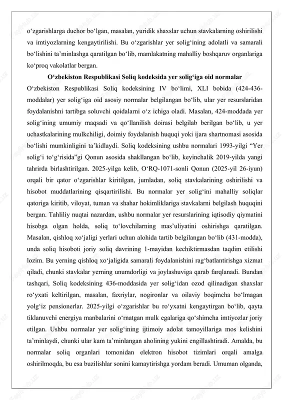 bu normalar yer resurslarining iqtisodiy qiymatini hisobga olgan holda, soliq to‘lovchilarning mas’uliyatini oshirishga qaratilgan. masalan, qishloq xo‘jaligi yerlari uchun alohida tartib belgilangan bo‘lib (431-modda), unda soliq hisoboti joriy soliq davrining 1-mayidan kechiktirmasdan taqdim etilishi lozim. bu yerning qishloq xo‘jaligida samarali foydalanishini rag‘batlantirishga xizmat qiladi, chunki stavkalar yerning unumdorligi va joylashuviga qarab farqlanadi. bundan tashqari, soliq kodeksining 436-moddasida yer solig‘idan ozod qilinadigan shaxslar ro‘yxati keltirilgan, masalan, faxriylar, nogironlar va oilaviy boqimcha bo‘lmagan yolg‘iz pensionerlar. 2025-yilgi o‘zgarishlar bu ro‘yxatni kengaytirgan bo‘lib, qayta tiklanuvchi energiya manbalarini o‘rnatgan mulk egalariga qo‘shimcha imtiyozlar joriy etilgan. ushbu normalar yer solig‘ining ijtimoiy adolat tamoyillariga mos kelishini ta’minlaydi, chunki ular kam ta’minlangan aholining yukini engillashtiradi. amalda, bu normalar soliq organlari tomonidan elektron hisobot tizimlari orqali amalga oshirilmoqda, bu esa buzilishlar sonini kamaytirishga yordam beradi. umuman olganda, soliq kodeksidagi yer solig‘iga oid normalar mamlakatning fiskal siyosatini takomillashtirishda markaziy o‘rin tutadi, chunki ular yer resurslarini boshqarishning huquqiy ramkasini shakllantiradi va …