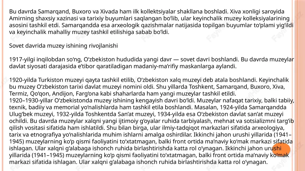 chilgan davrdir. shu yillarda amir temur haykali joylashgan maydon, sharof rashidov, zahiriddin muhammad bobur, abdulla qodiriy, hamid olimjon va boshqa buyuk shaxslarning uy-muzeylari tashkil etildi. bundan tashqari, tarixiy yodgorliklar joylashgan hududlarda hududiy muzeylar — xorazm davlat muzeyi, buxoro davlat muzeyi, qo‘qon xonligi tarixi muzeyi ochildi. muzeylarning asosiy faoliyati tarixiy materiallarni yig‘ish, ularni tizimlashtirish, saqlash va ilmiy jihatdan o‘rganishga qaratildi. bu davrda muzey ishini tashkil etish bo‘yicha o‘quv kurslari, metodik qo‘llanmalar va ilmiy nashrlar paydo bo‘ldi. muzeyshunos kadrlar tayyorlash toshkent davlat universiteti (hozirgi o‘zbekiston milliy universiteti)da yo‘lga qo‘yildi. mustaqillik davrida muzey ishi yangi bosqichda 1991-yilda o‘zbekiston mustaqillikka erishgach, muzey ishi ham yangi bosqichga o‘tdi. mustaqillik yillarida muzeylar nafaqat tarixiy merosni saqlovchi, balki milliy o‘zlikni, ma’naviy qadriyatlarni targ‘ib qiluvchi, yosh avlodni vatanparvarlik ruhida tarbiyalovchi markazlarga aylandi. 1996-yilda “amir temur va temuriylar tarixi davlat muzeyi” tashkil etildi. bu muzey o‘zbekiston tarixida yangi davrni boshlab berdi. u nafaqat tarixiy obidalarni, balki milliy g‘urur va …