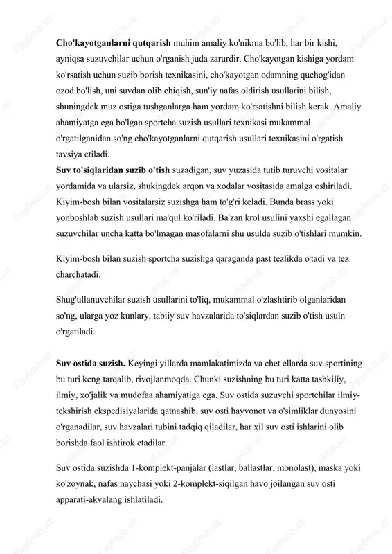 yoki yonboshlab suzish usullari ma'qul ko'riladi. ba'zan krol usulini yaxshi egallagan suzuvchilar uncha katta bo'lmagan masofalarni shu usulda suzib o'tishlari mumkin. kiyim-bosh bilan suzish sportcha suzishga qaraganda past tezlikda o'tadi va tez charchatadi. shug'ullanuvchilar suzish usullarini to'liq, mukammal o'zlashtirib olganlaridan so'ng, ularga yoz kunlary, tabiiy suv havzalarida to'siqlardan suzib o'tish usuln o'rgatiladi. suv ostida suzish. keyingi yillarda mamlakatimizda va chet ellarda suv sportining bu turi keng tarqalib, rivojlanmoqda. chunki suzishning bu turi katta tashkiliy, ilmiy, xo'jalik va mudofaa ahamiyatiga ega. suv ostida suzuvchi sportchilar ilmiy-tekshirish ekspedisiyalarida qatnashib, suv osti hayvonot va o'simliklar dunyosini o'rganadilar, suv havzalari tubini tadqiq qiladilar, har xil suv osti ishlarini olib borishda faol ishtirok etadilar. suv ostida suzishda 1-komplekt-panjalar (lastlar, ballastlar, monolast), maska yoki ko'zoynak, nafas naychasi yoki 2-komplekt-siqilgan havo joilangan suv osti apparati-akvalang ishlatiladi. hozirgi paytda suv ostida suzish mustaqil sport turi hisoblanadi. bu sport turi bo'yicha yevropa va jahon chempionatlari o'tkazilib, suv osti sporti …